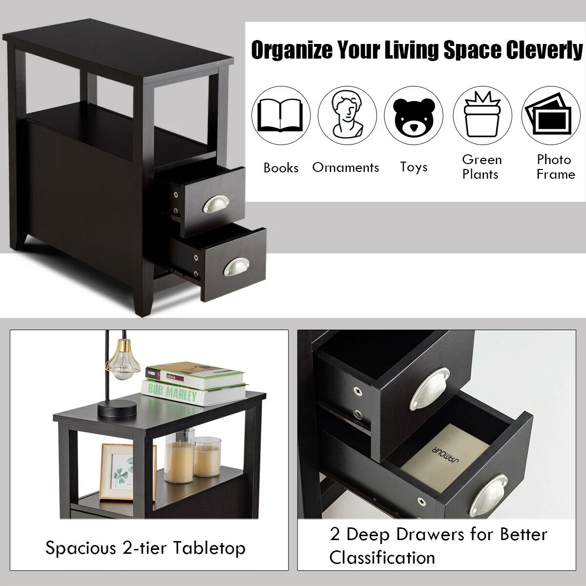 2 Drawer Wooden Nightstand Set, Dark Brown - Image 8