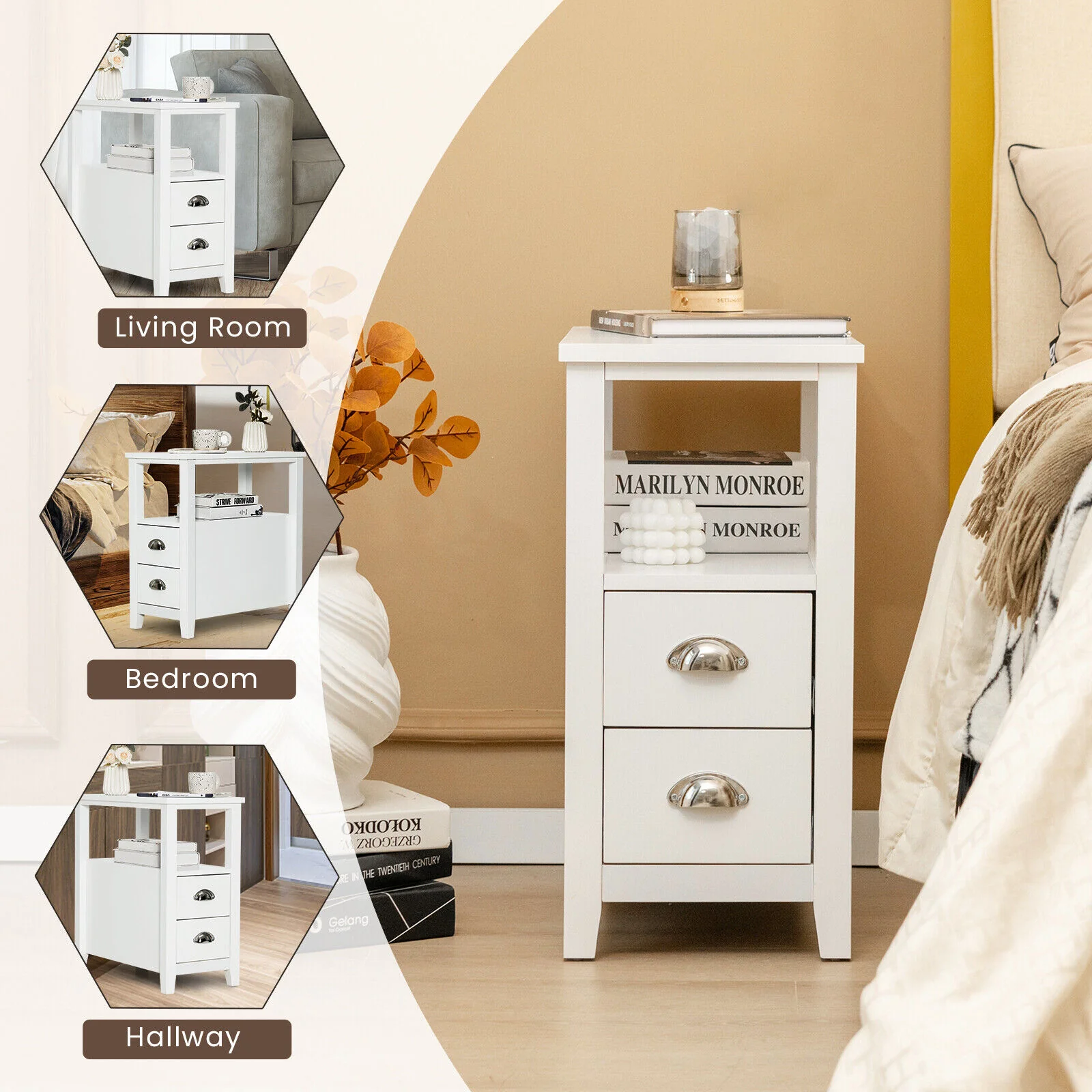 2 Drawer Wooden Nightstand Set, White - Image 7