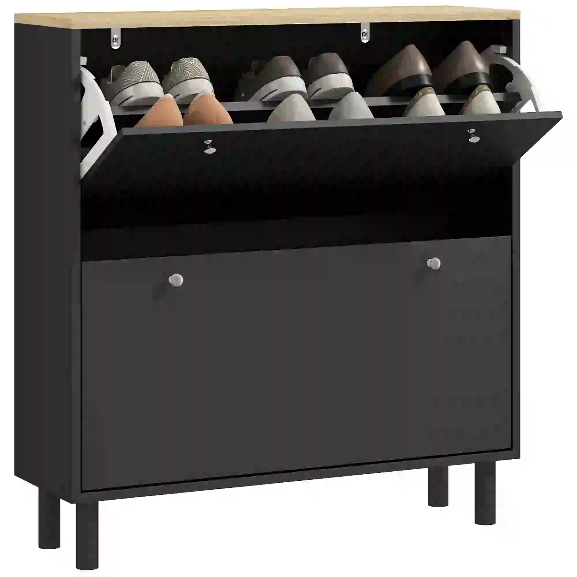 2 Drawers Shoe Storage Cabinet, Adjustable Shelves, 16 Pairs, Black - Image 11