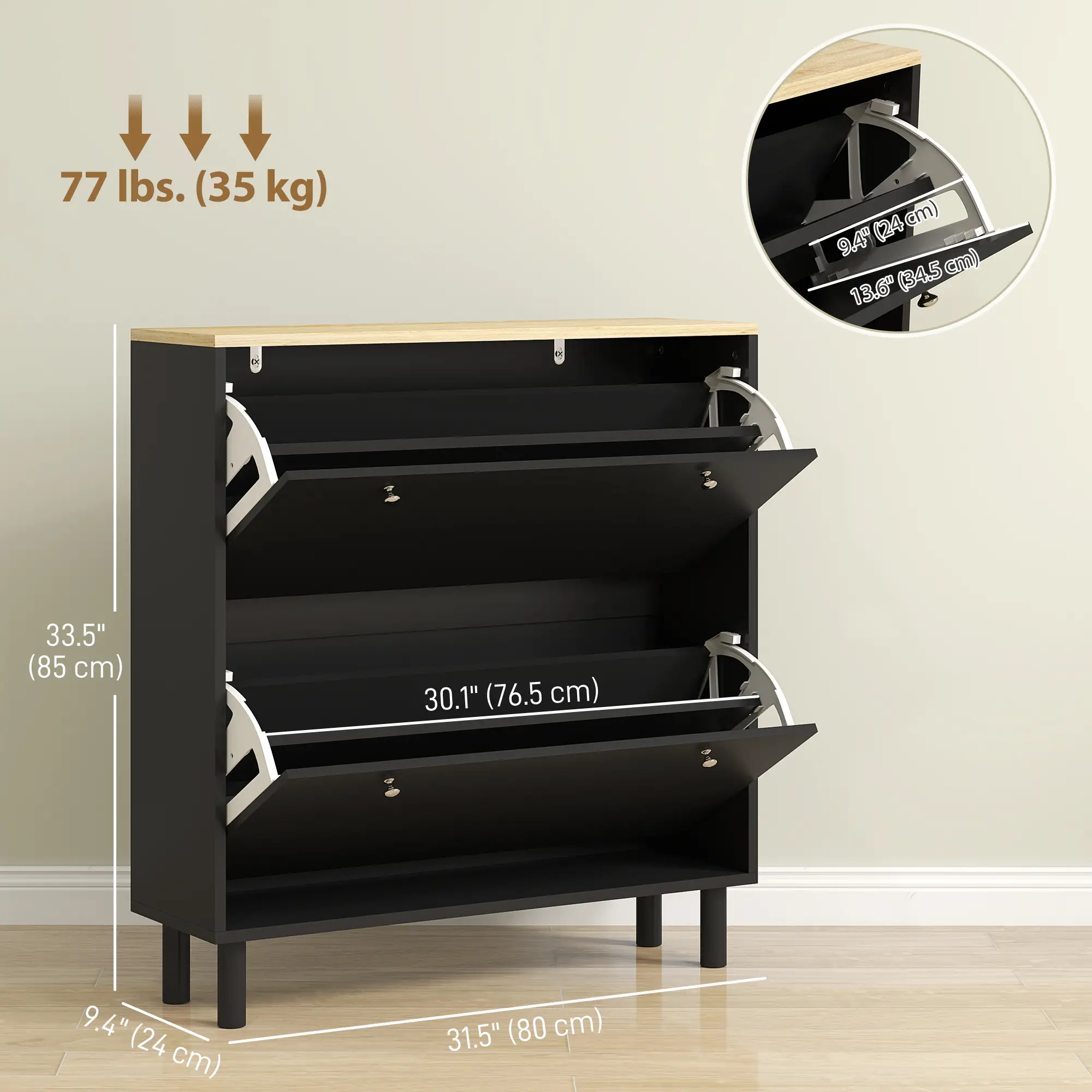 2 Drawers Shoe Storage Cabinet, Adjustable Shelves, 16 Pairs, Black - Image 3