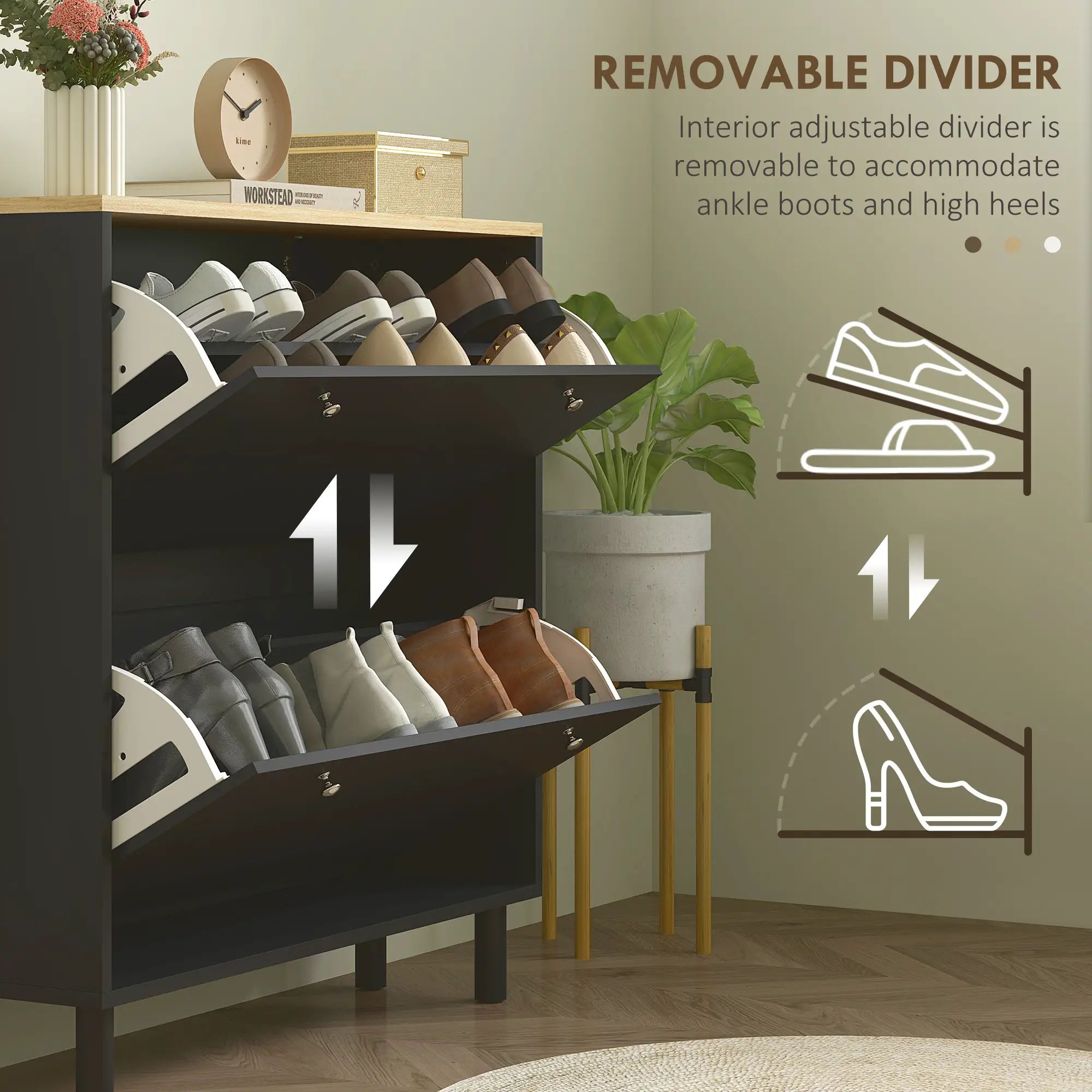 2 Drawers Shoe Storage Cabinet, Adjustable Shelves, 16 Pairs, Black - Image 6