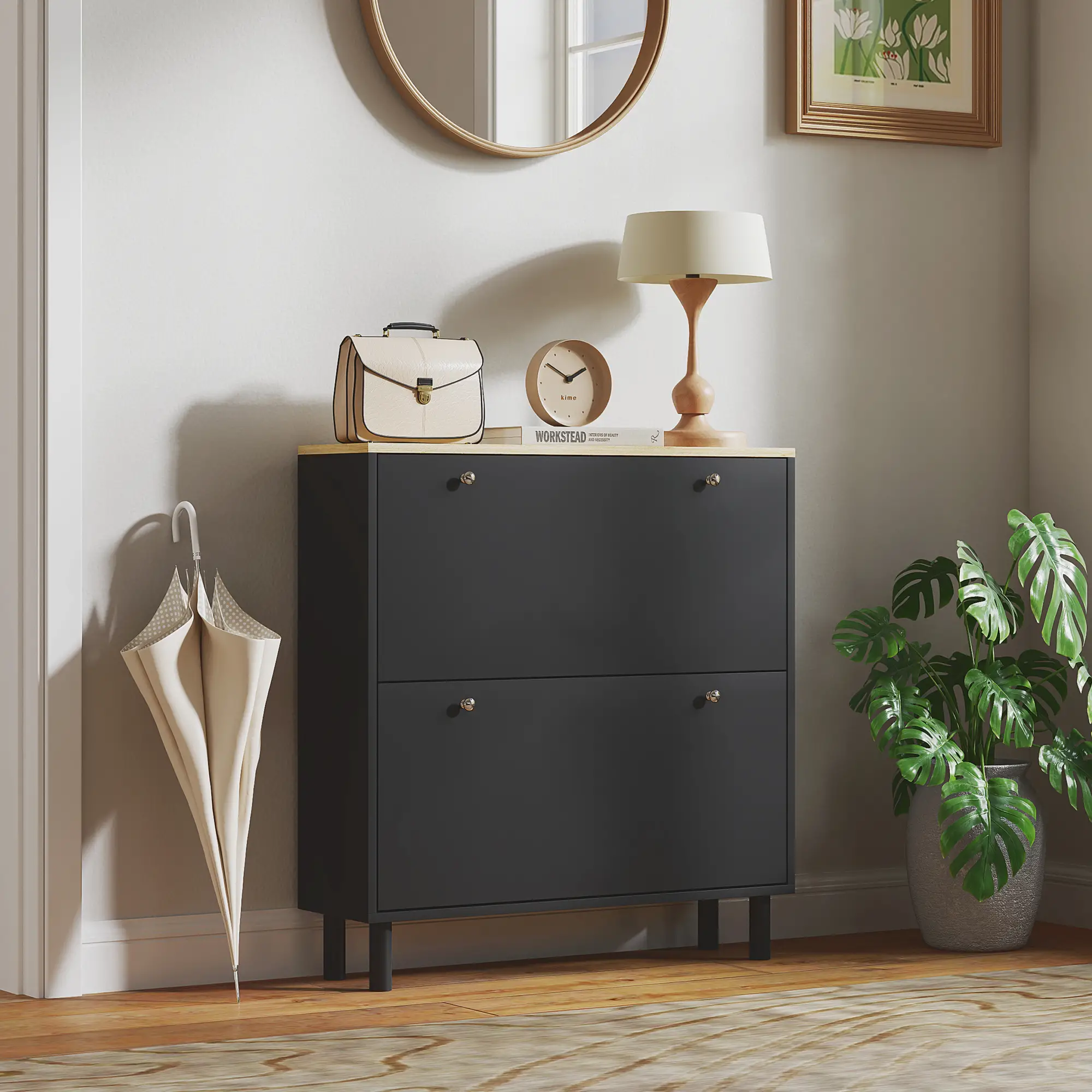 2 Drawers Shoe Storage Cabinet, Adjustable Shelves, 16 Pairs, Black - Image 9