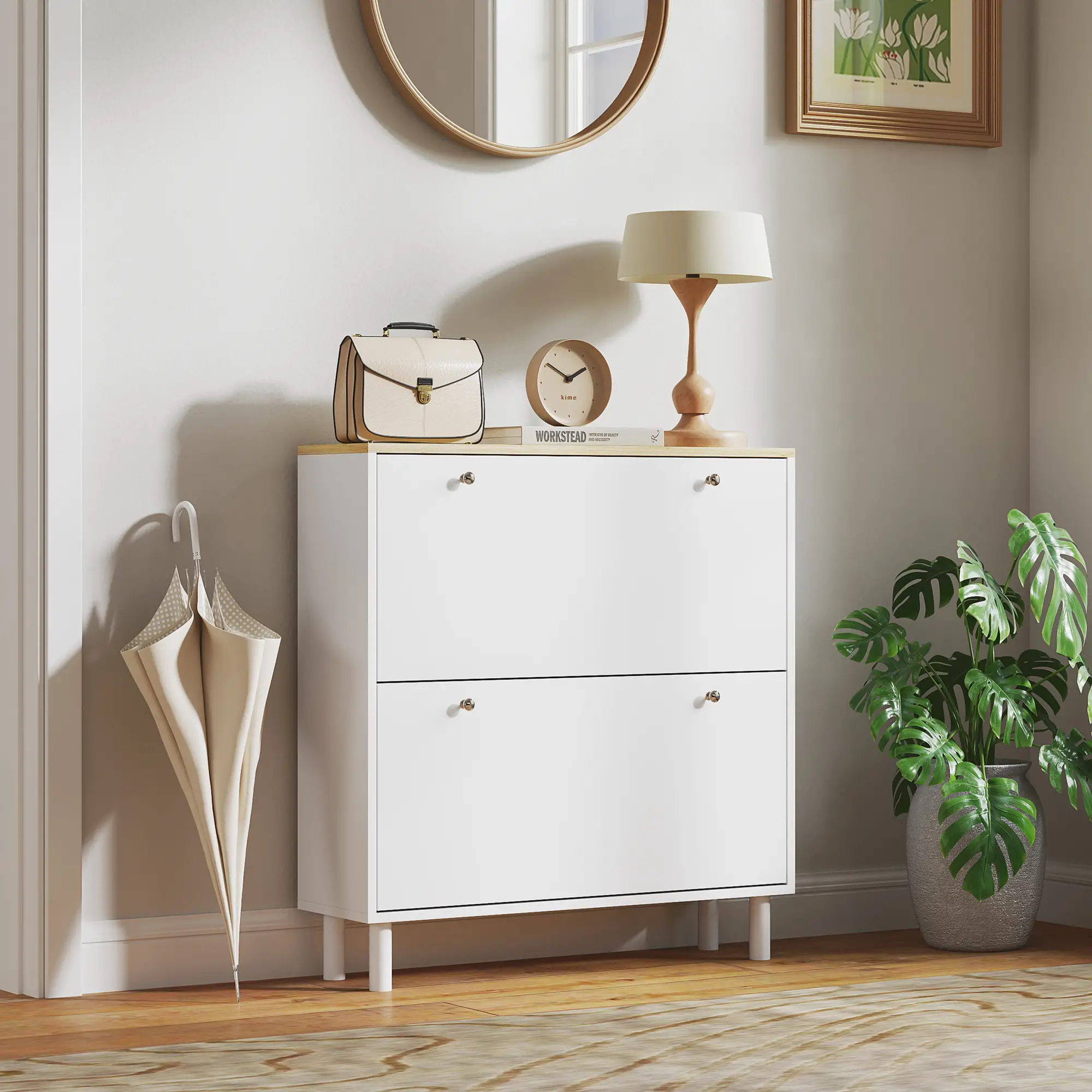 2 Drawers Shoe Storage Cabinet, Adjustable Shelves, 16 Pairs, White - Image 2