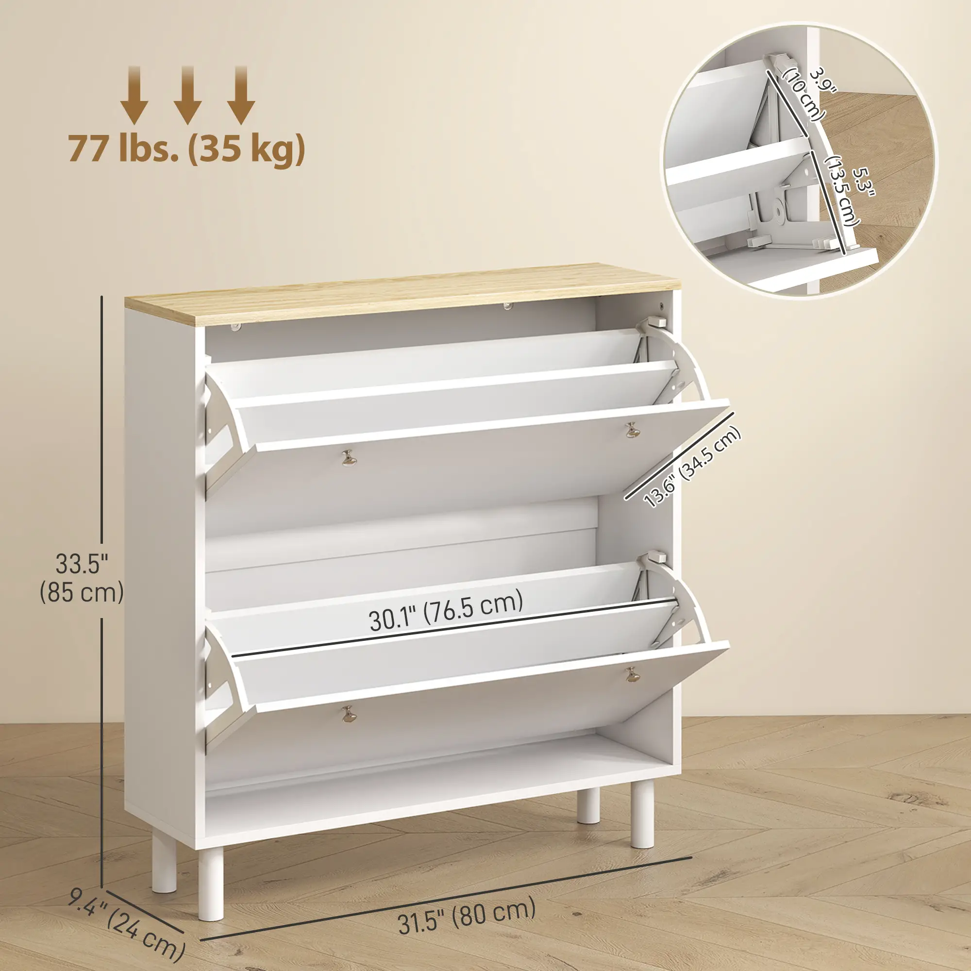 2 Drawers Shoe Storage Cabinet, Adjustable Shelves, 16 Pairs, White - Image 3
