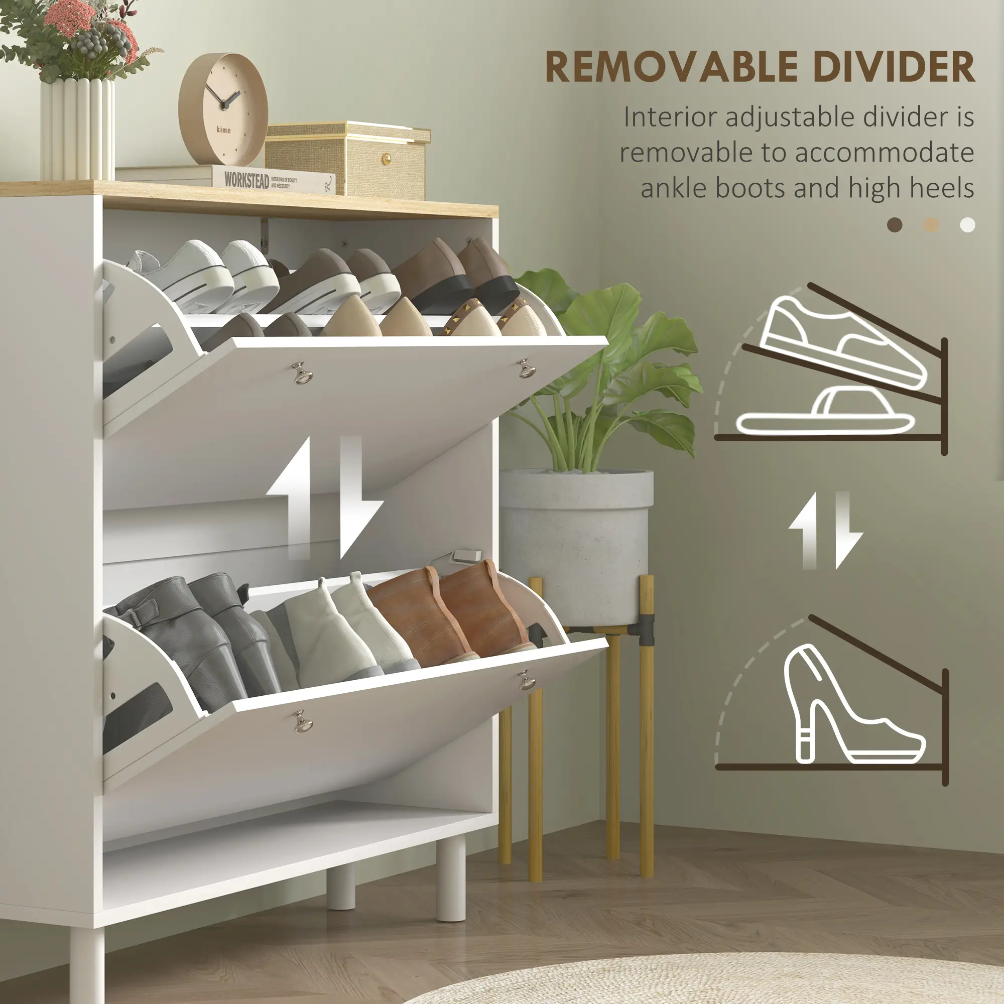 2 Drawers Shoe Storage Cabinet, Adjustable Shelves, 16 Pairs, White - Image 6