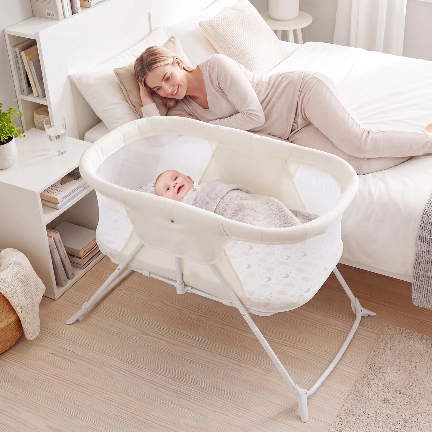 2-in-1 Baby Bassinet, Rocking Motion, Foldable Bedside Sleeper, Beige - Image 2