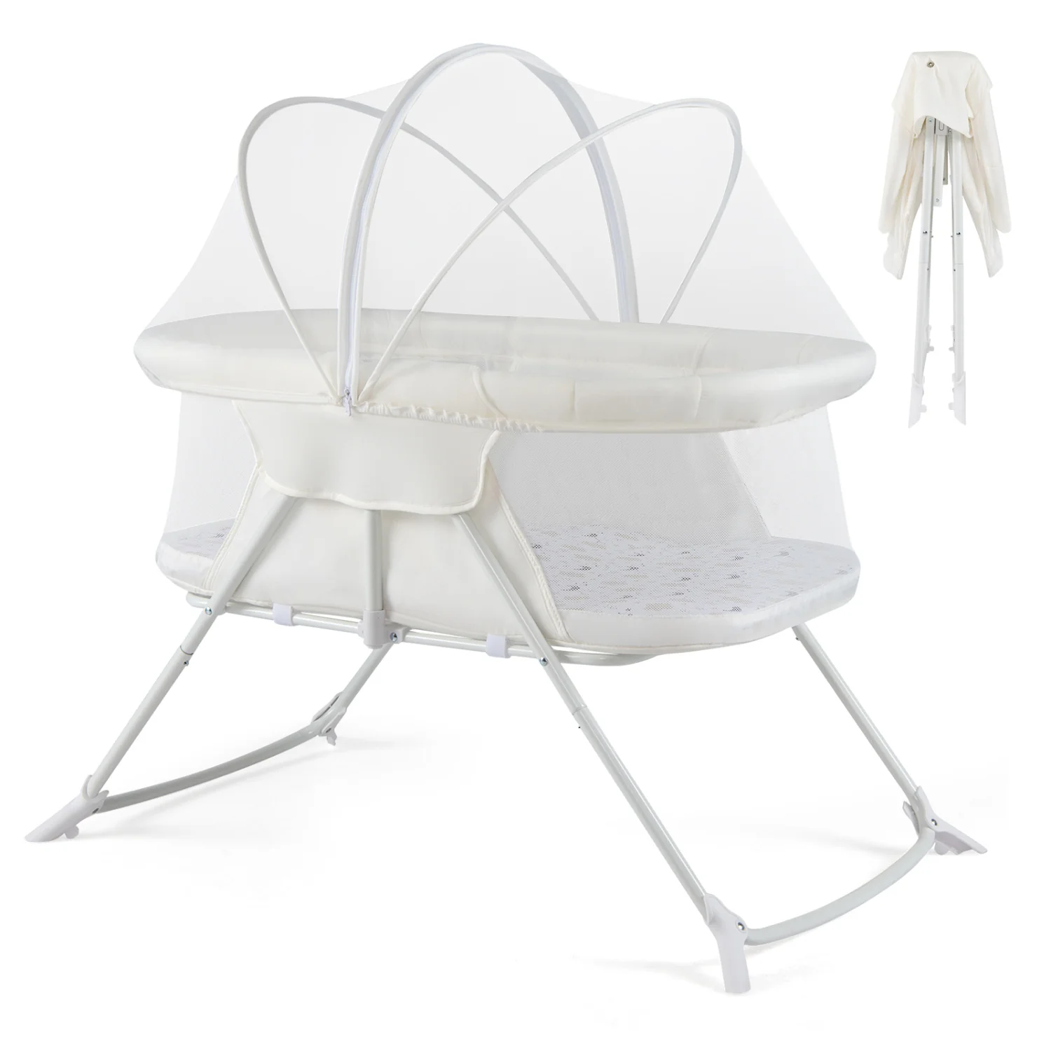 2-in-1 Baby Bassinet, Rocking Motion, Foldable Bedside Sleeper, Beige - Image 4