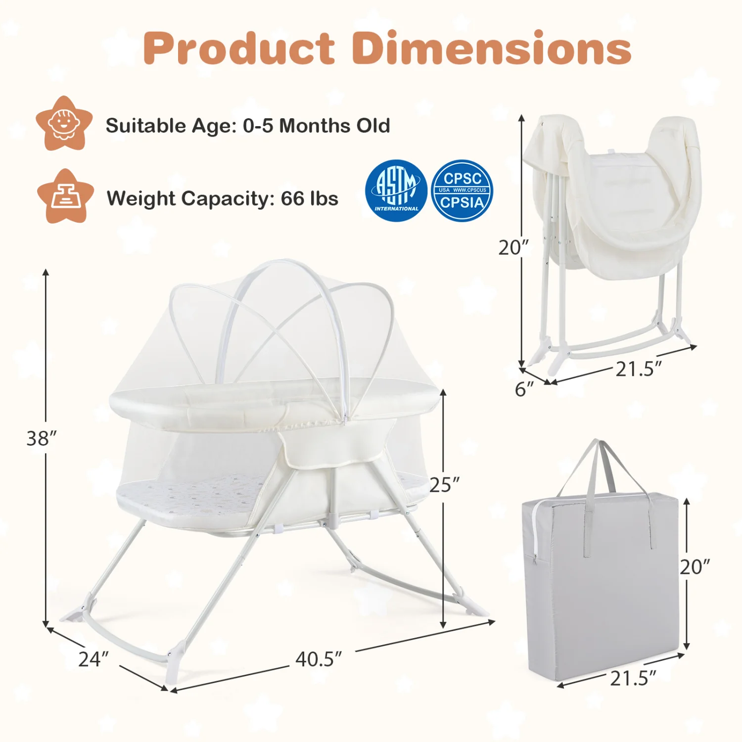 2-in-1 Baby Bassinet, Rocking Motion, Foldable Bedside Sleeper, Beige - Image 5