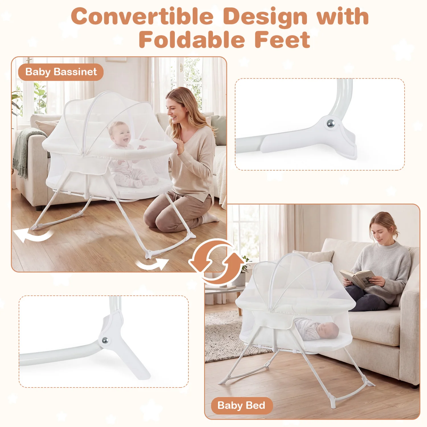 2-in-1 Baby Bassinet, Rocking Motion, Foldable Bedside Sleeper, Beige - Image 6