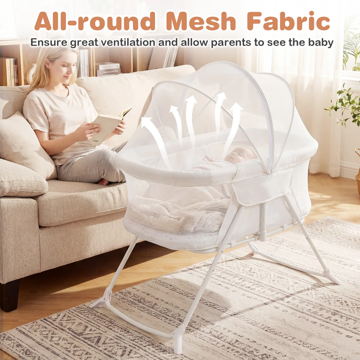 2-in-1 Baby Bassinet, Rocking Motion, Foldable Bedside Sleeper, Beige - Image 7