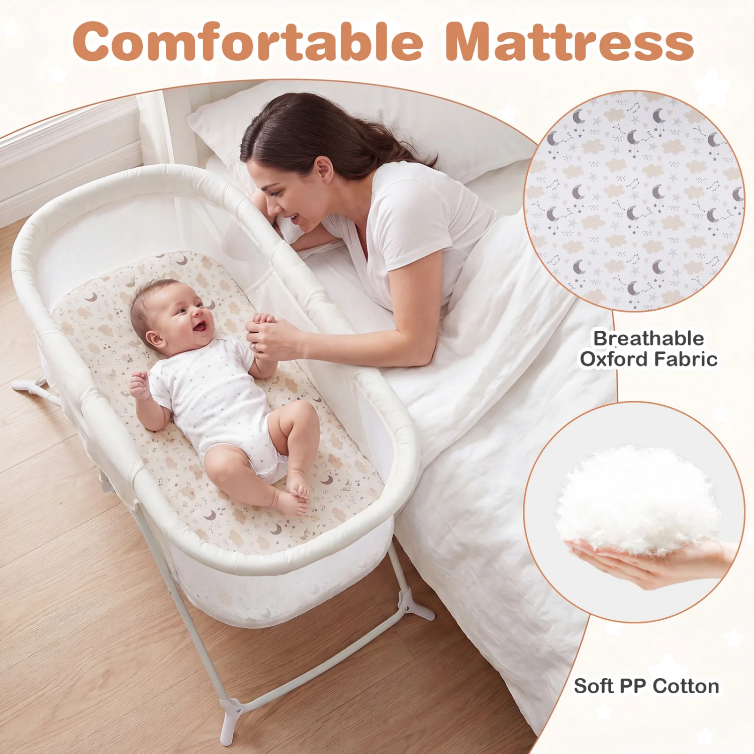 2-in-1 Baby Bassinet, Rocking Motion, Foldable Bedside Sleeper, Beige - Image 8