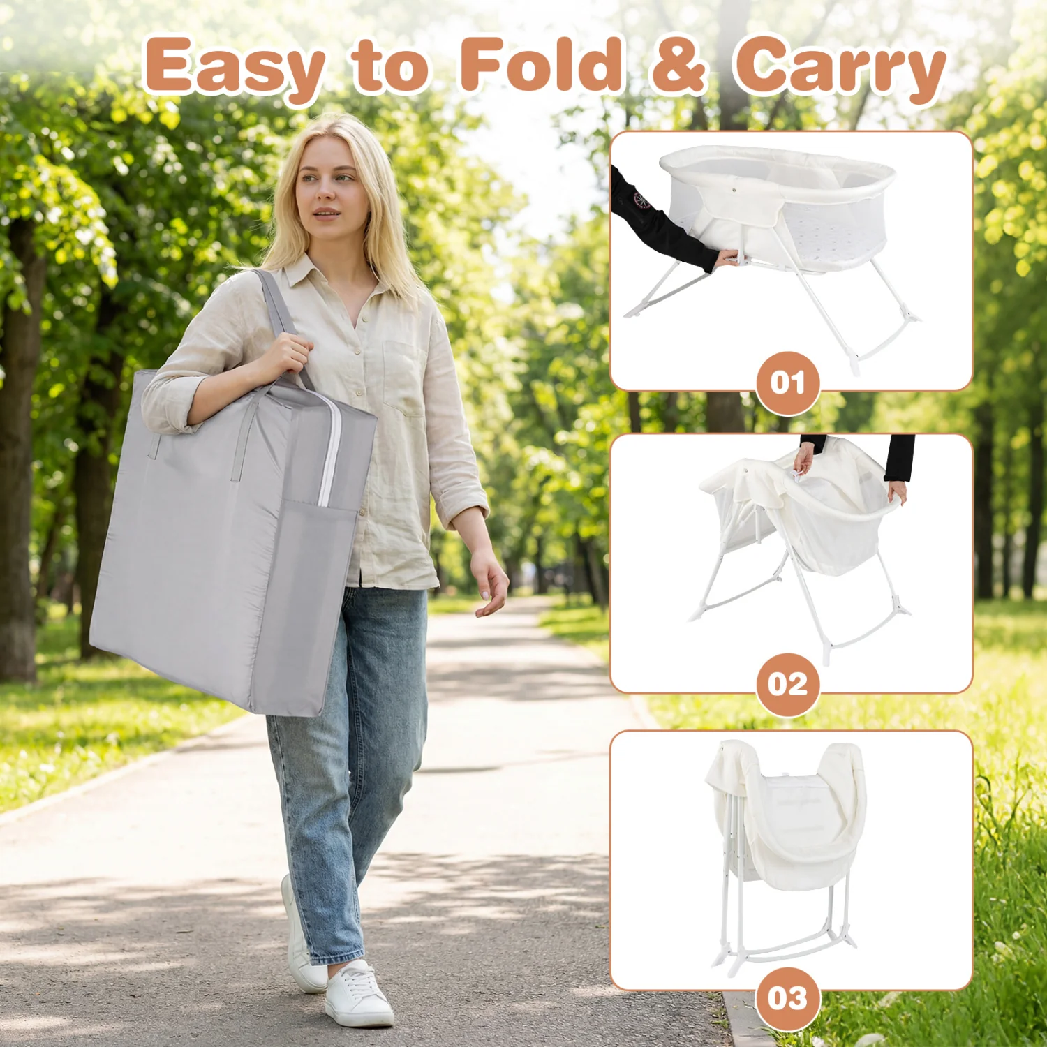 2-in-1 Baby Bassinet, Rocking Motion, Foldable Bedside Sleeper, Beige - Image 9