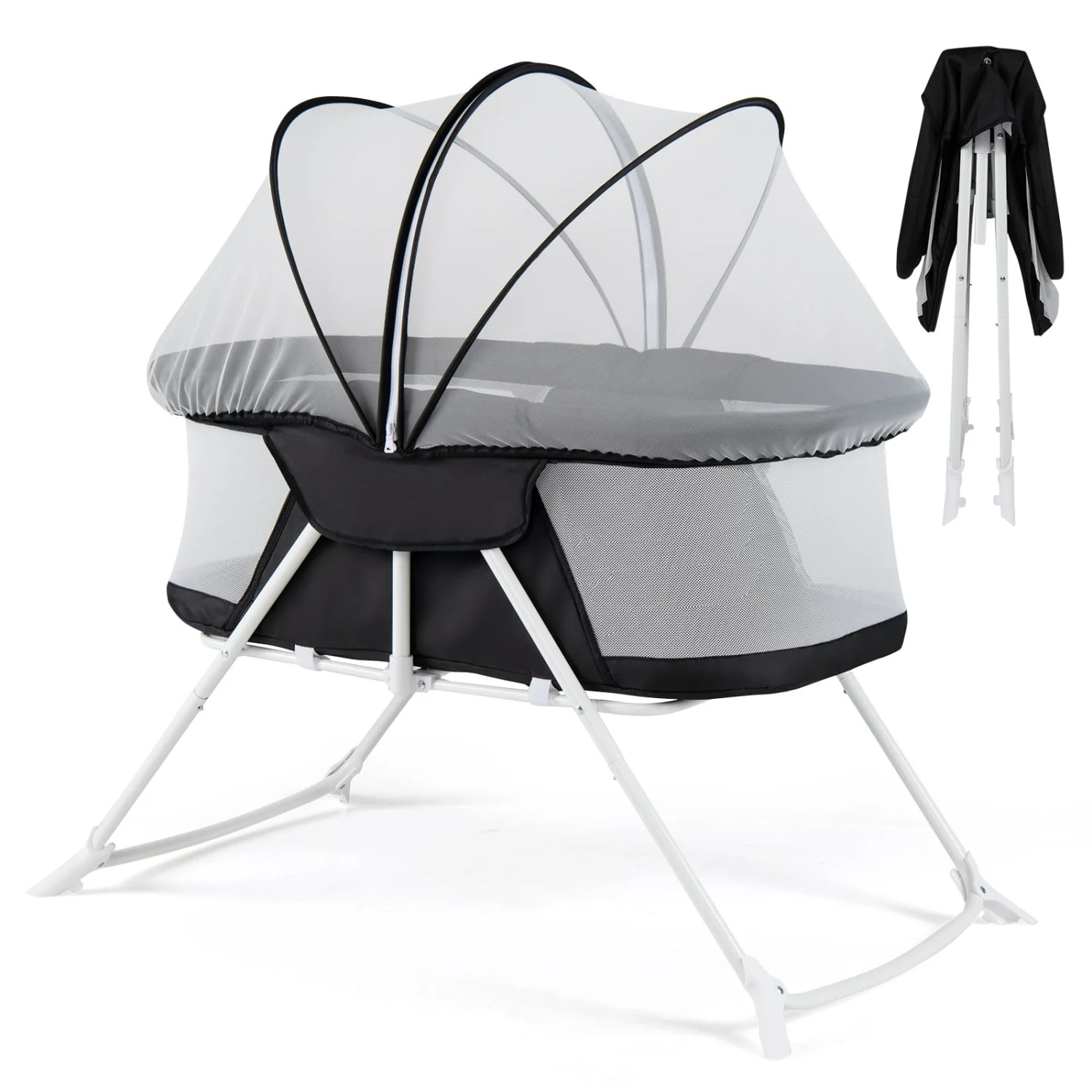 2 in 1 Baby Bassinet with Rocking Motion, Foldable Bedside Sleeper, Black - Image 4