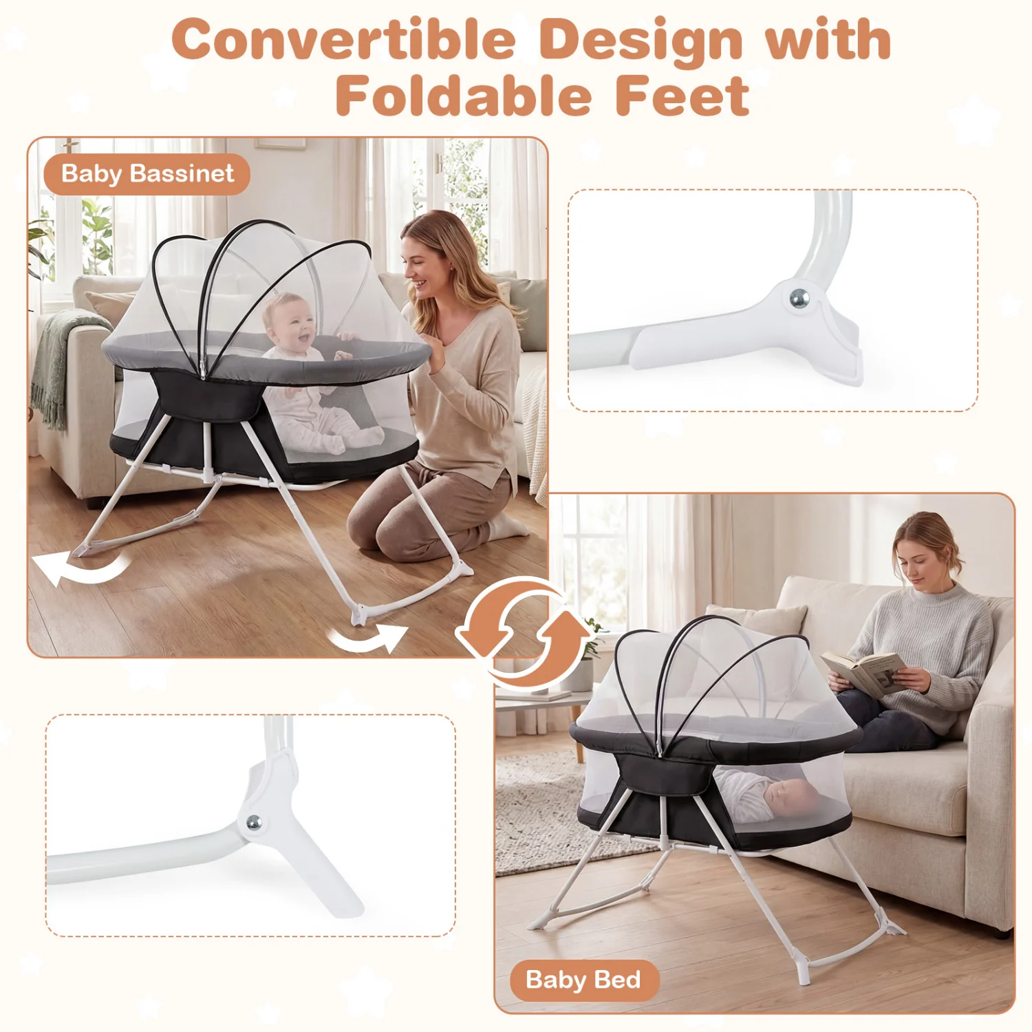 2 in 1 Baby Bassinet with Rocking Motion, Foldable Bedside Sleeper, Black - Image 6
