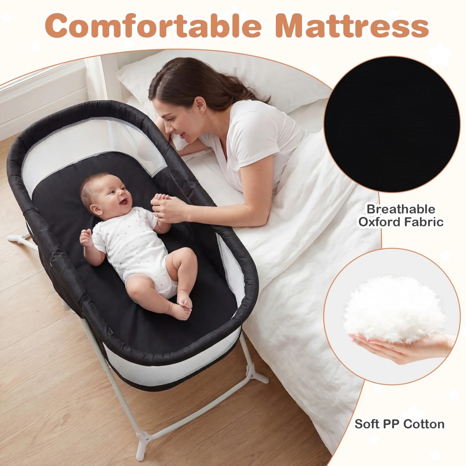2 in 1 Baby Bassinet with Rocking Motion, Foldable Bedside Sleeper, Black - Image 8