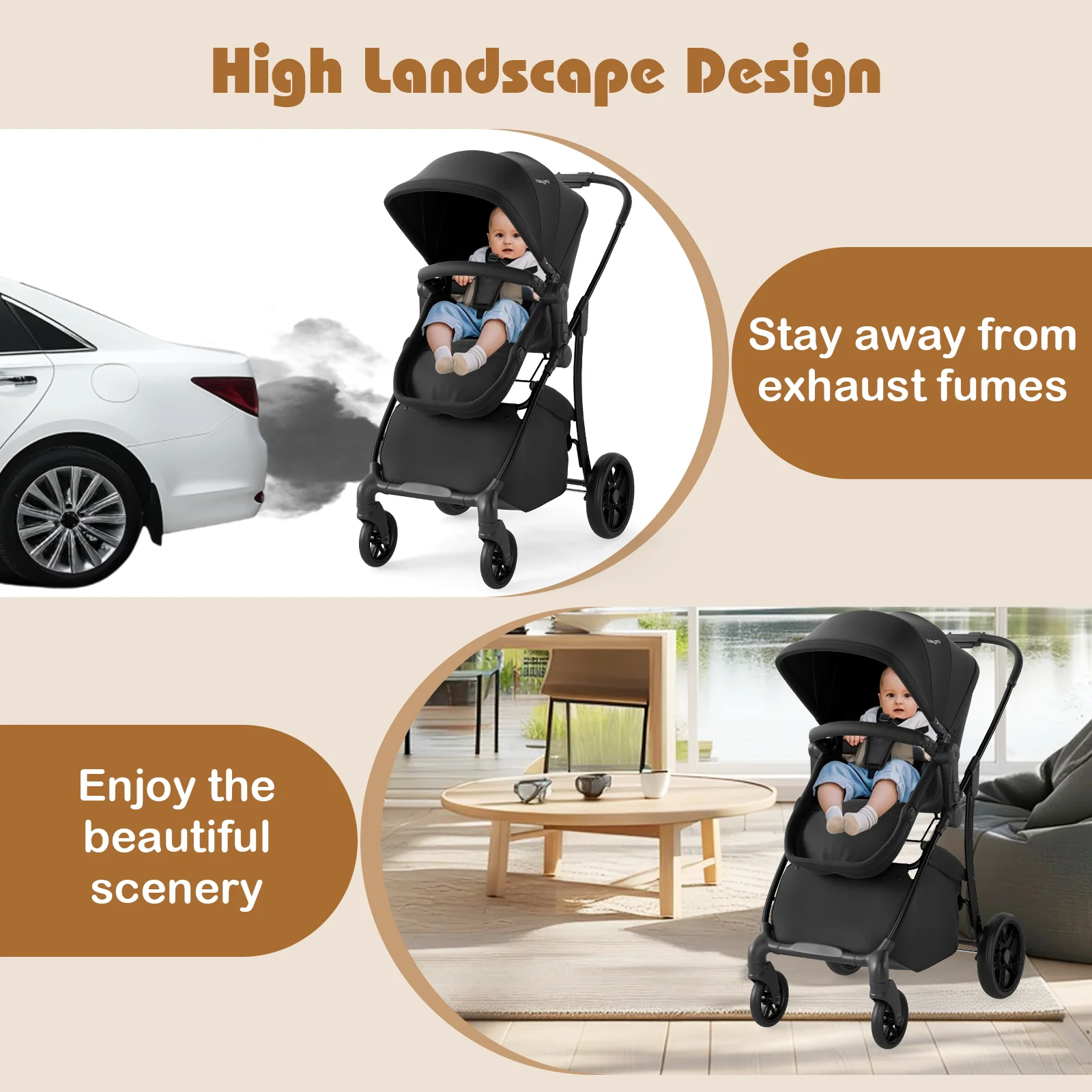 2-in-1 Baby Stroller with Bassinet Mode and Reversible Seat, Black - Image 10