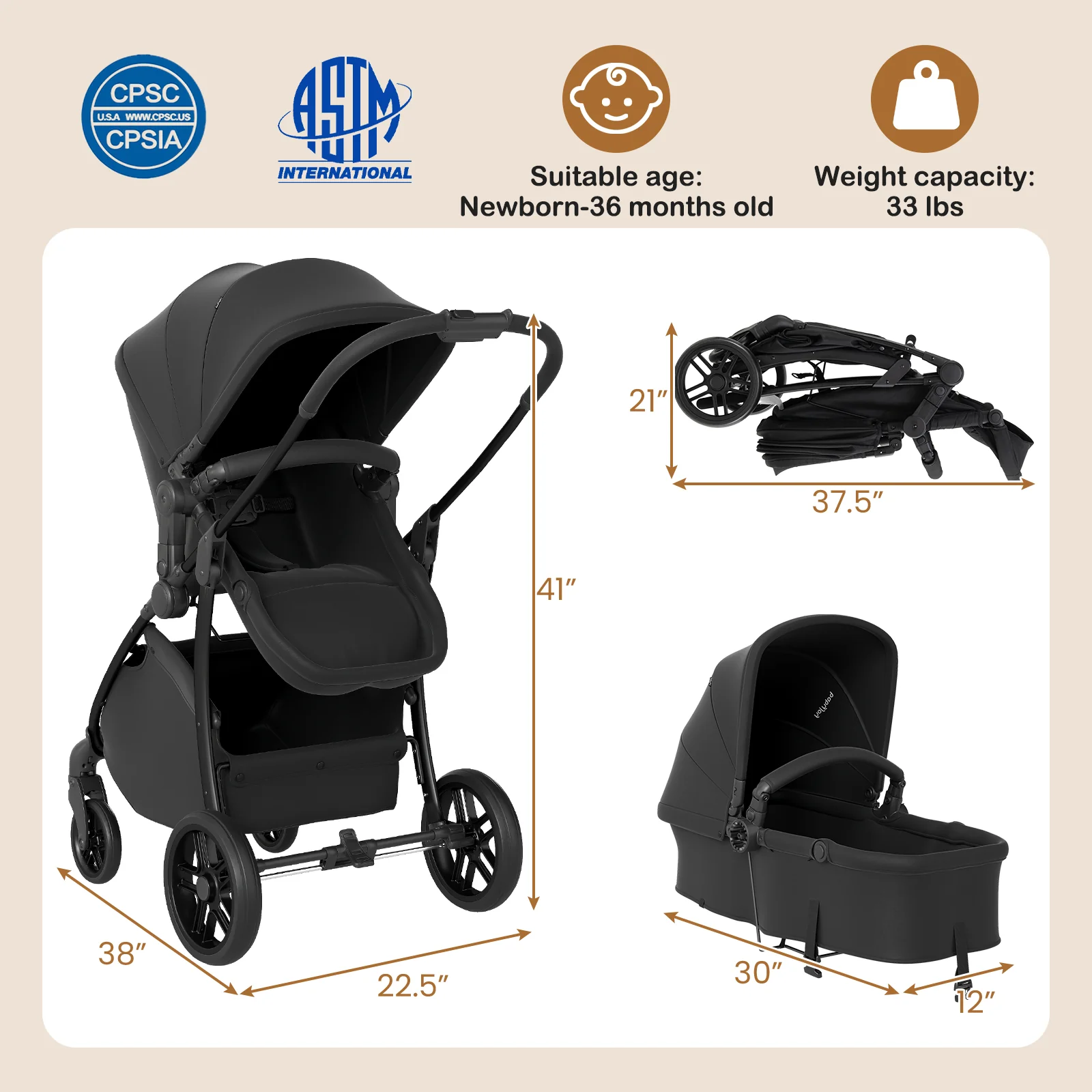 2-in-1 Baby Stroller with Bassinet Mode and Reversible Seat, Black - Image 5
