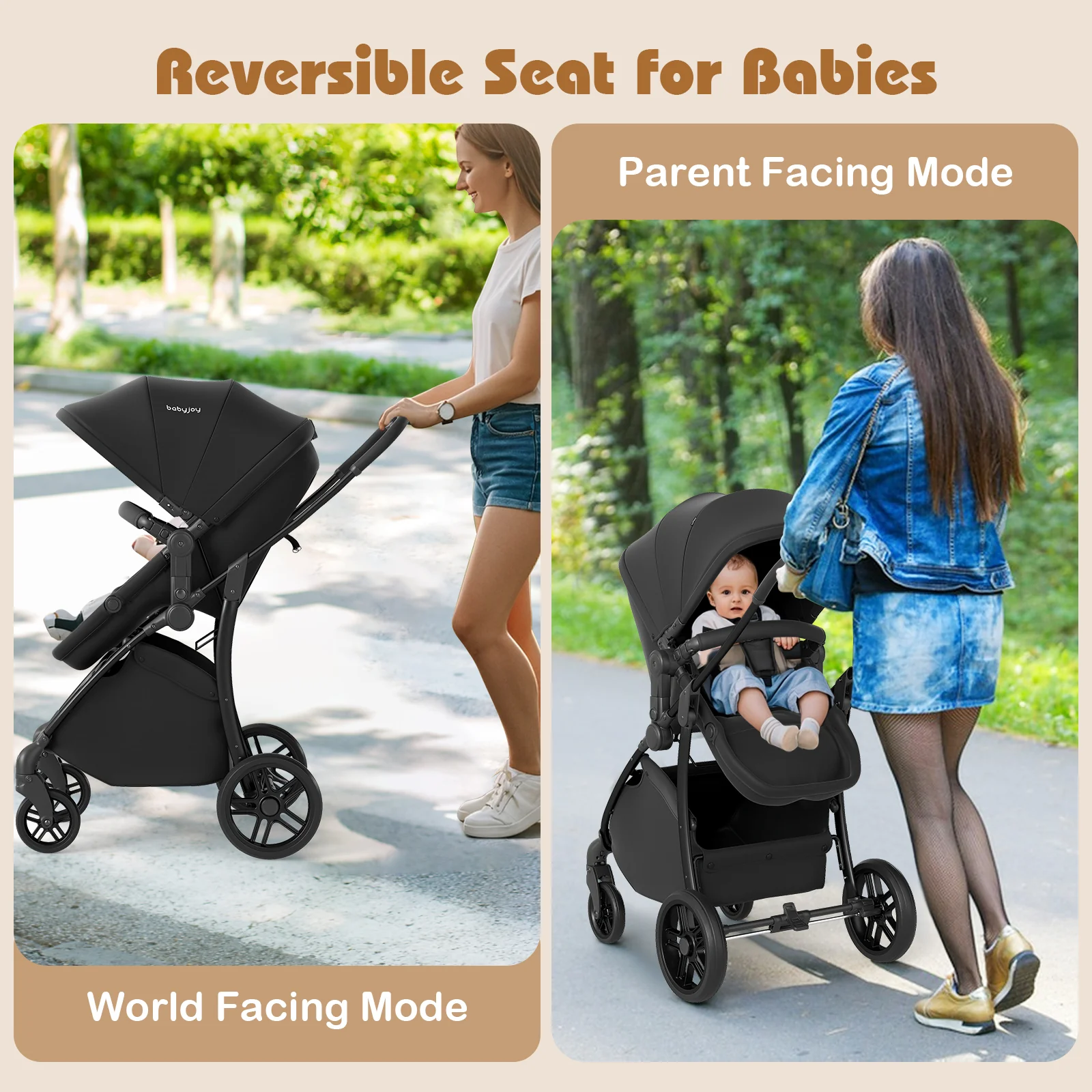 2-in-1 Baby Stroller with Bassinet Mode and Reversible Seat, Black - Image 6