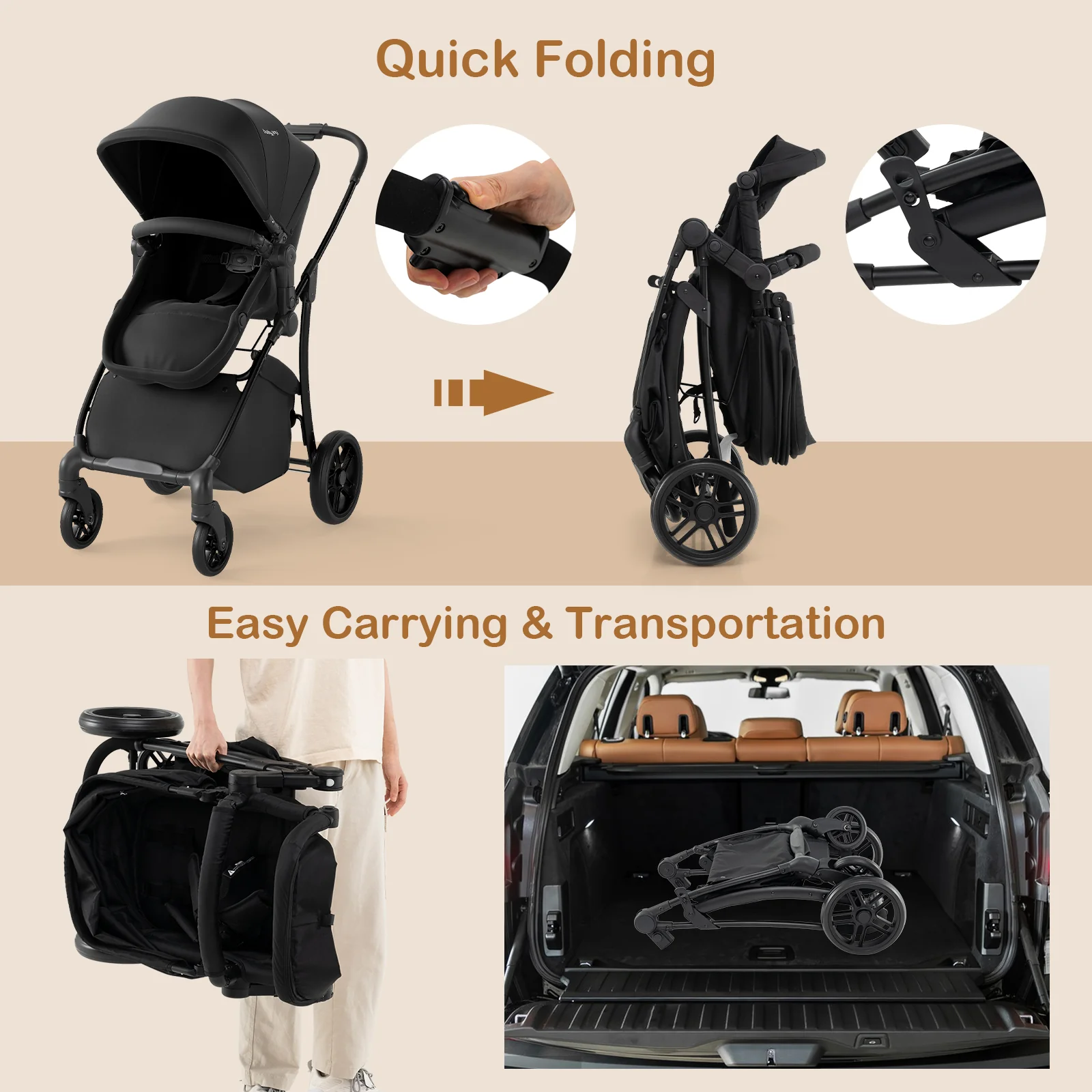 2-in-1 Baby Stroller with Bassinet Mode and Reversible Seat, Black - Image 9