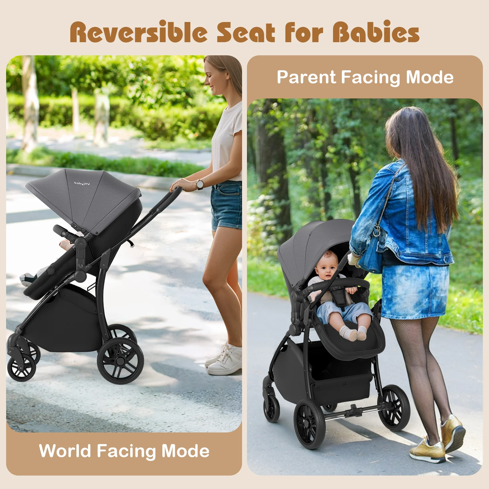 2-in-1 Baby Stroller with Bassinet Mode and Reversible Seat, Gray - Image 6