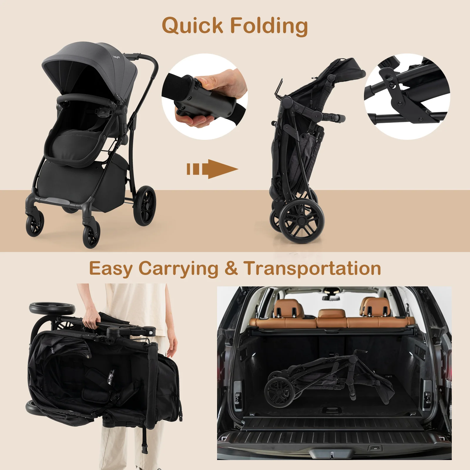 2-in-1 Baby Stroller with Bassinet Mode and Reversible Seat, Gray - Image 9