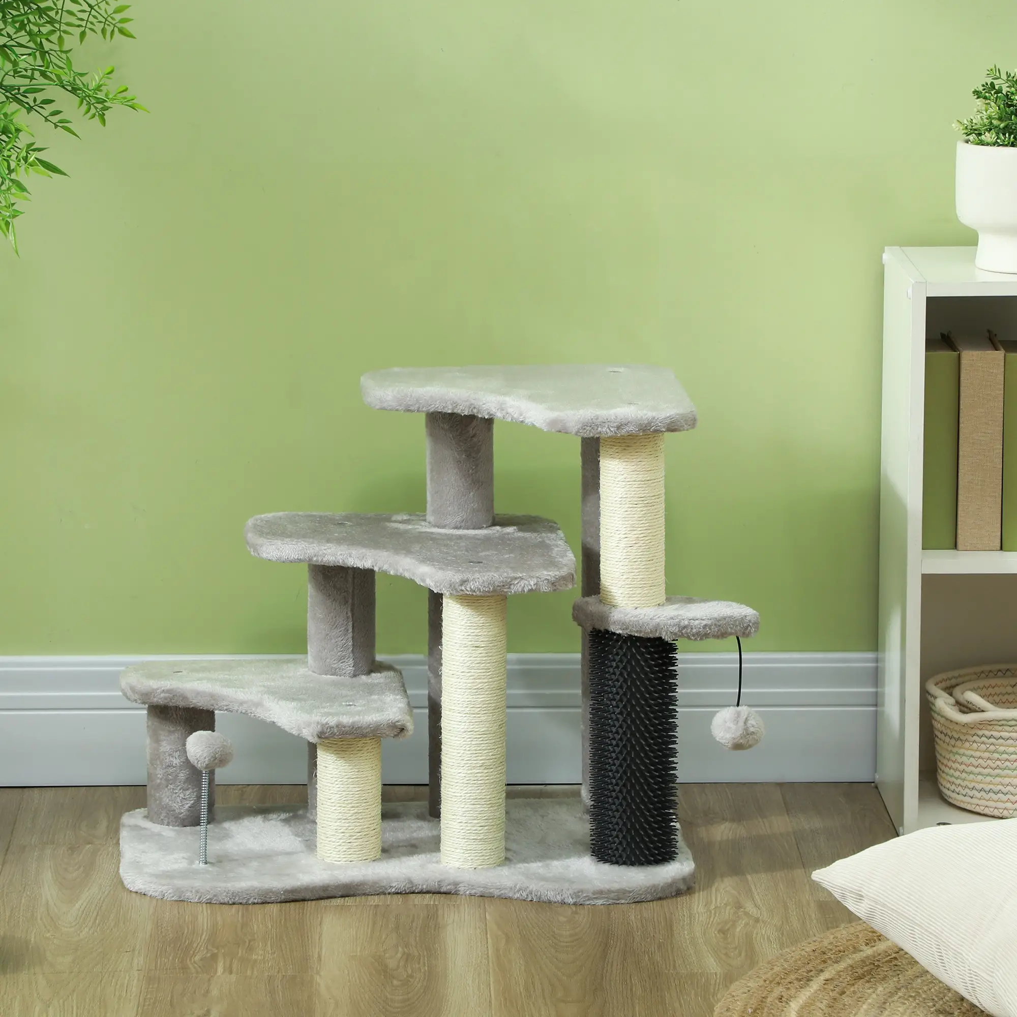 2 in 1 Cat Tree, 3 Steps with Scratching Posts, Toy Balls, Light Grey - Image 10