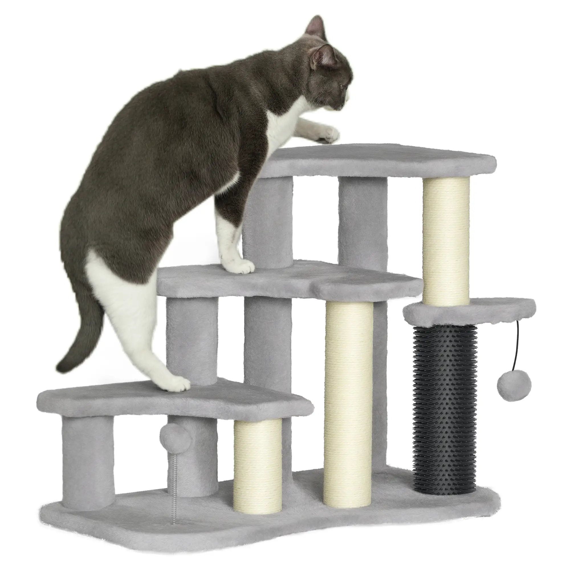 2 in 1 Cat Tree, 3 Steps with Scratching Posts, Toy Balls, Light Grey - Image 11