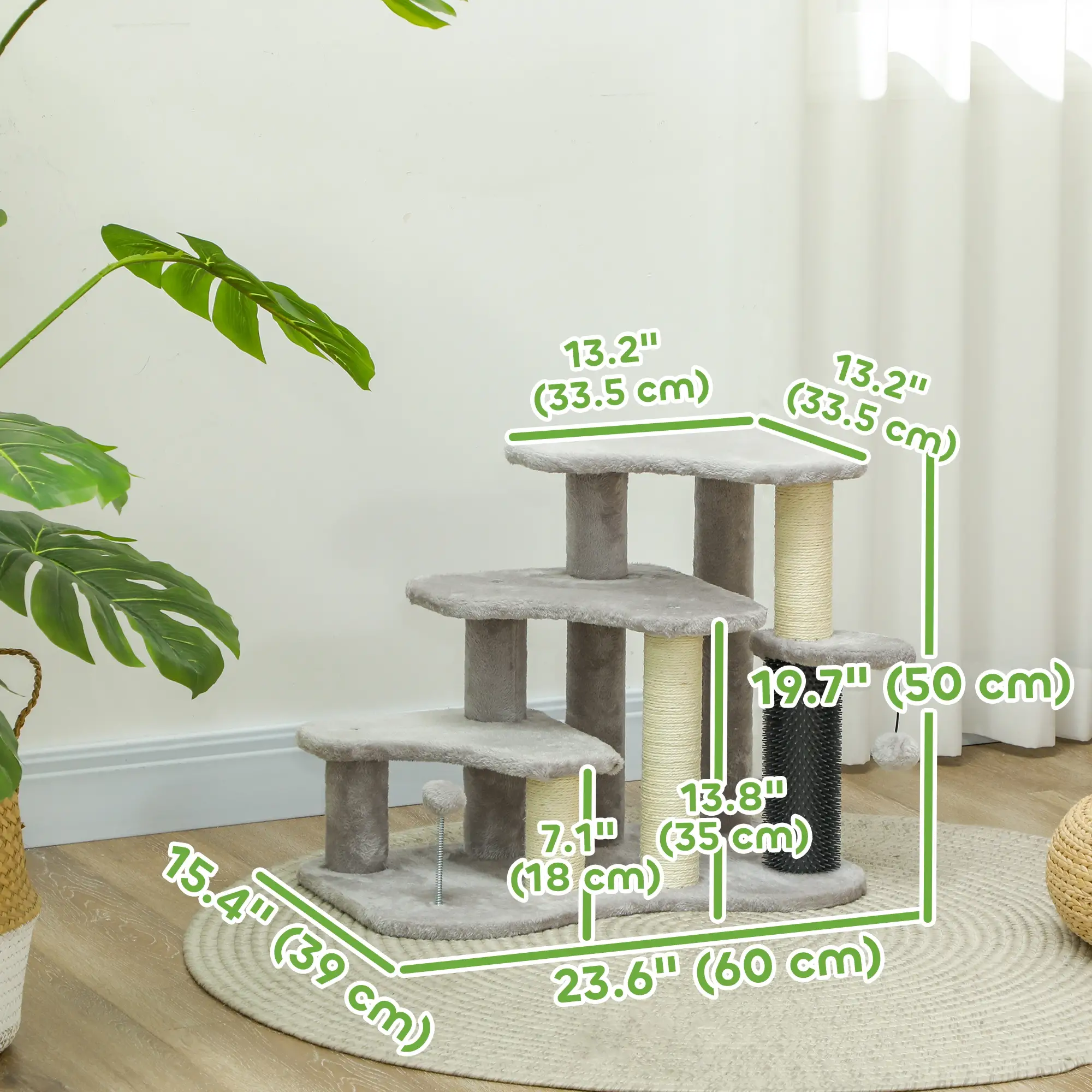 2 in 1 Cat Tree, 3 Steps with Scratching Posts, Toy Balls, Light Grey - Image 3