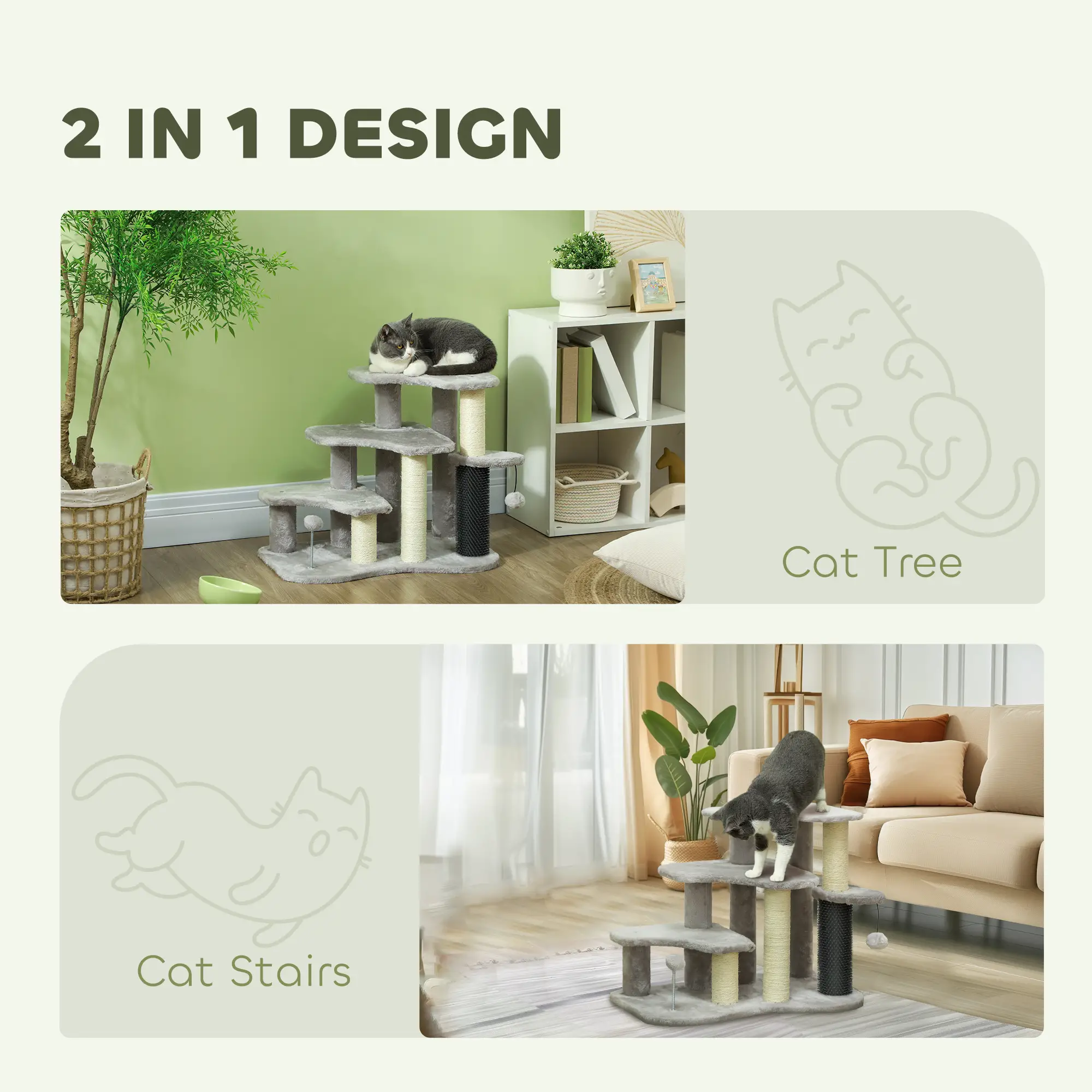 2 in 1 Cat Tree, 3 Steps with Scratching Posts, Toy Balls, Light Grey - Image 4