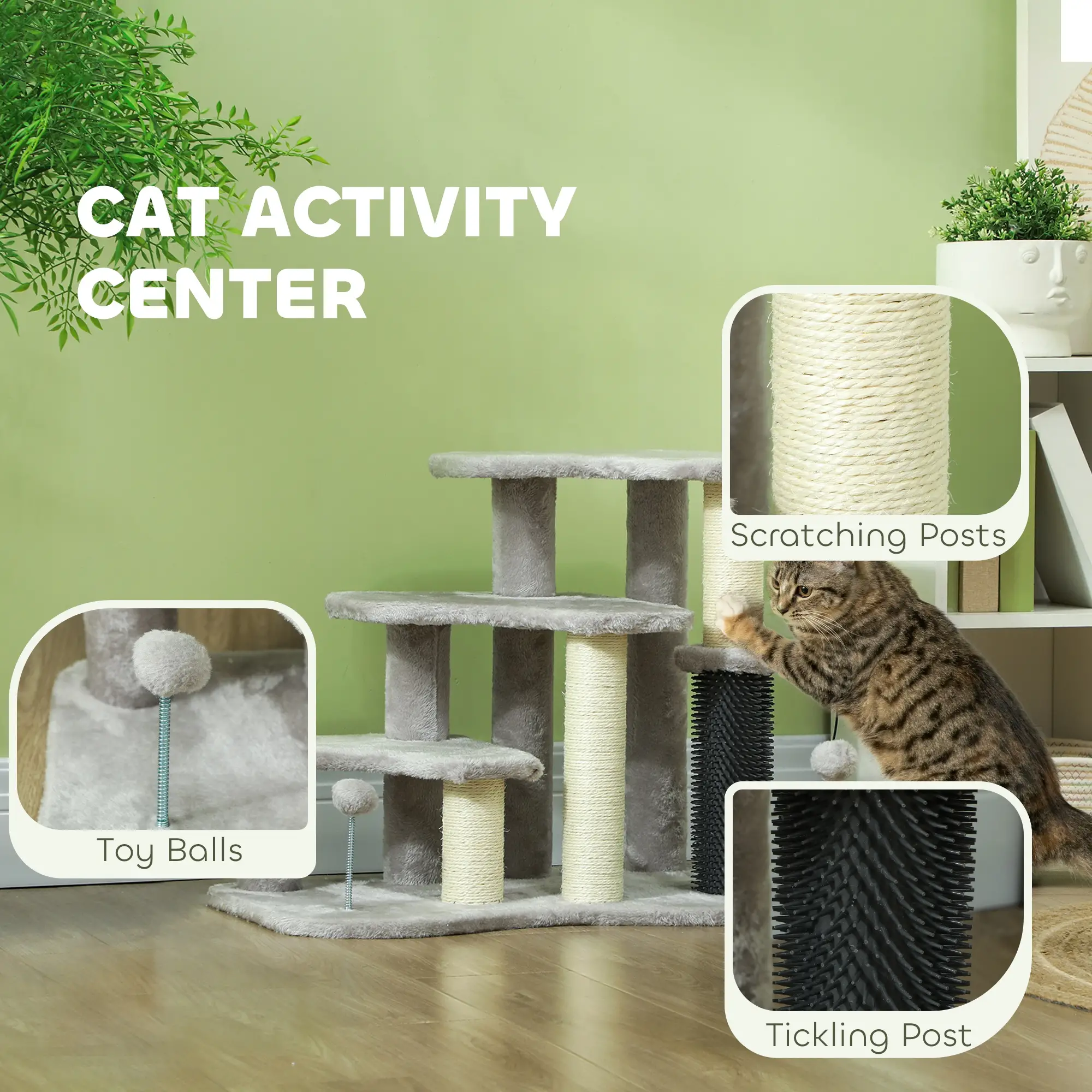 2 in 1 Cat Tree, 3 Steps with Scratching Posts, Toy Balls, Light Grey - Image 5