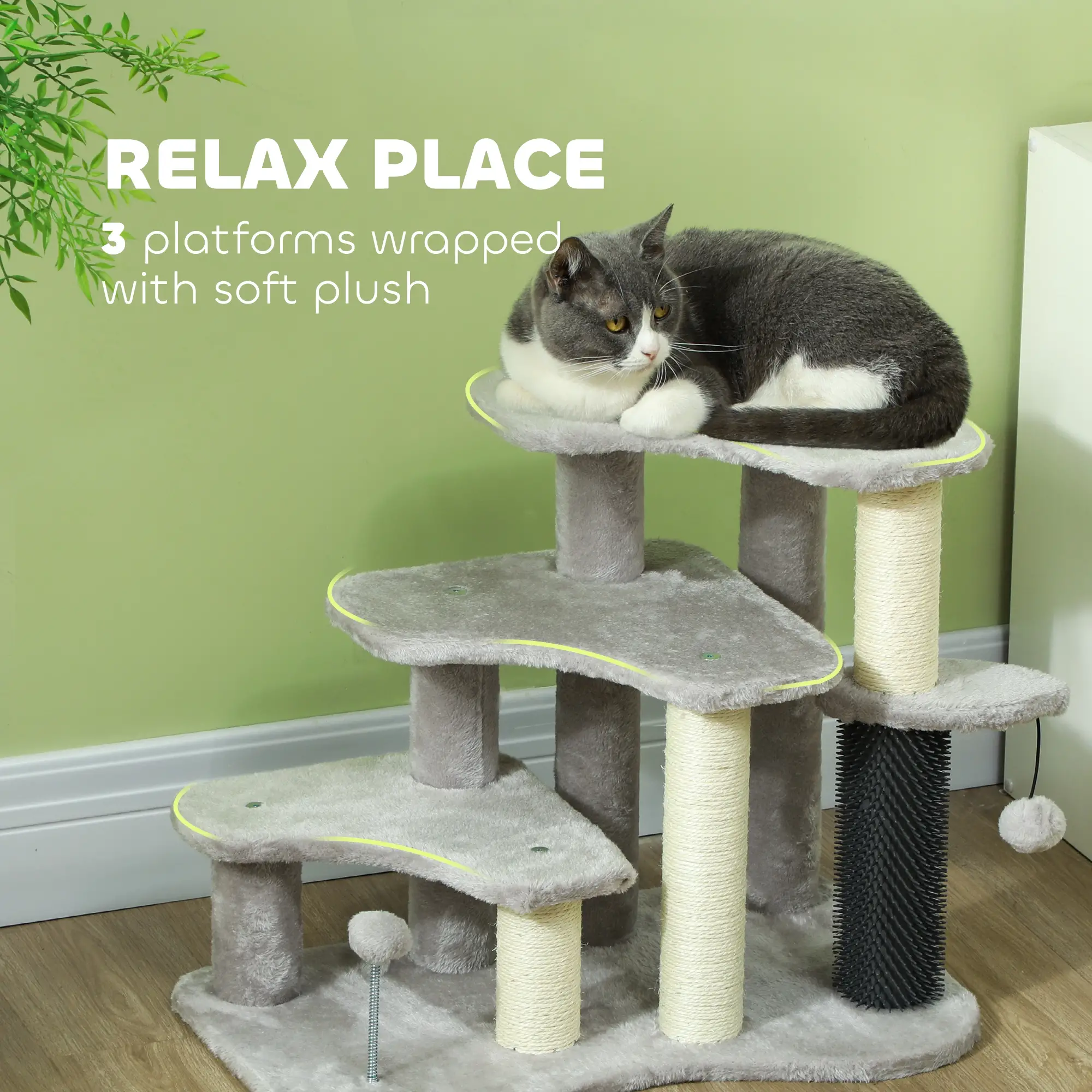 2 in 1 Cat Tree, 3 Steps with Scratching Posts, Toy Balls, Light Grey - Image 6