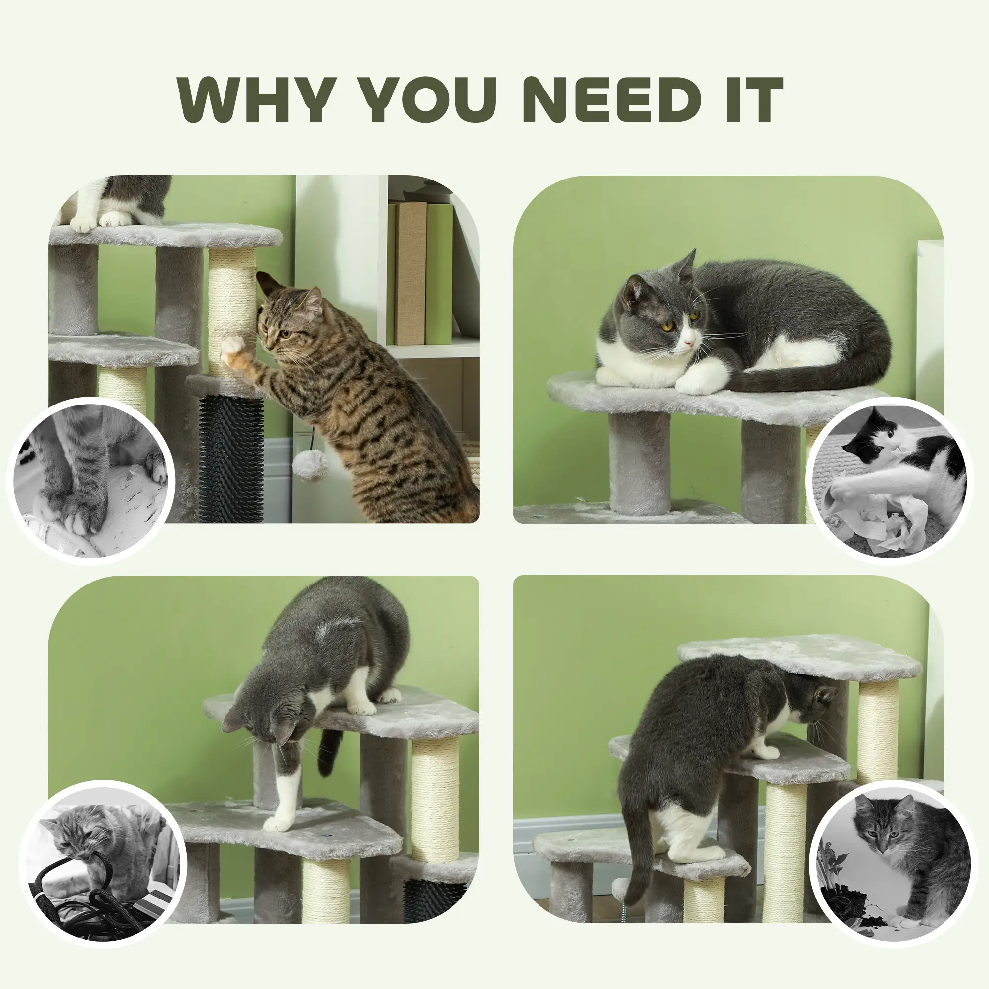 2 in 1 Cat Tree, 3 Steps with Scratching Posts, Toy Balls, Light Grey - Image 7