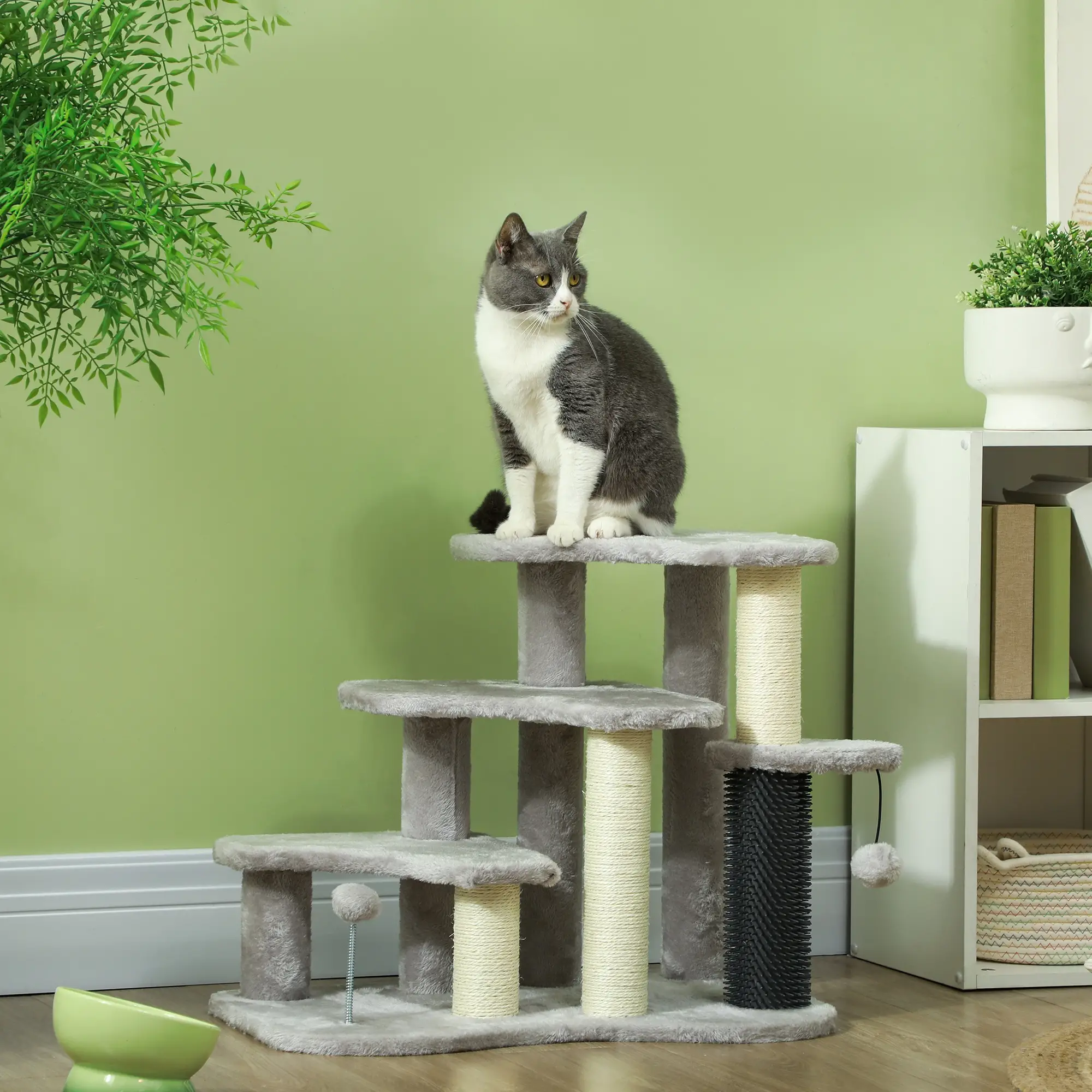 2 in 1 Cat Tree, 3 Steps with Scratching Posts, Toy Balls, Light Grey - Image 8