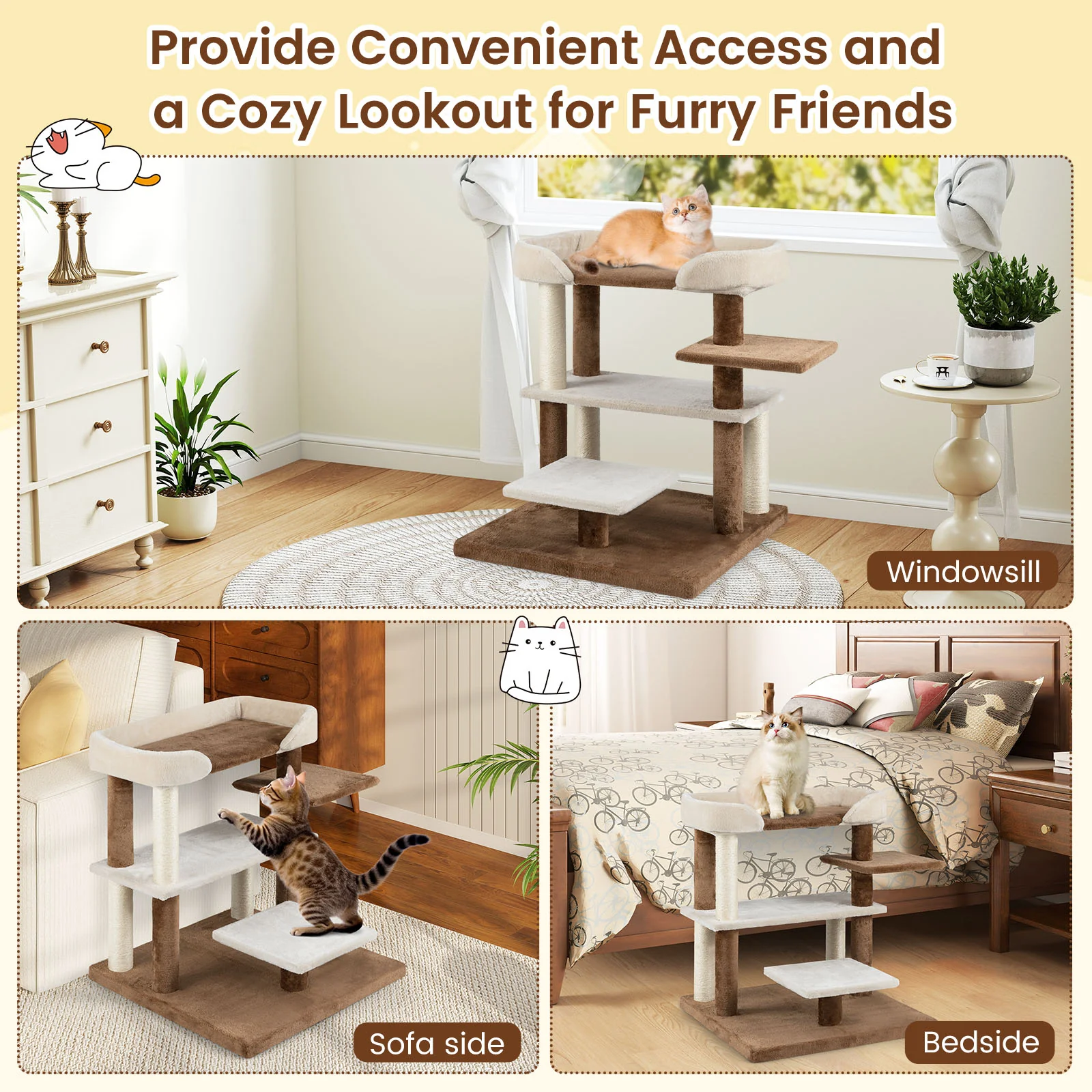 2-in-1 Cat Tree Tower Pet Steps with Sisal Scratching Posts and 4 Large Platforms, Brown - Image 10