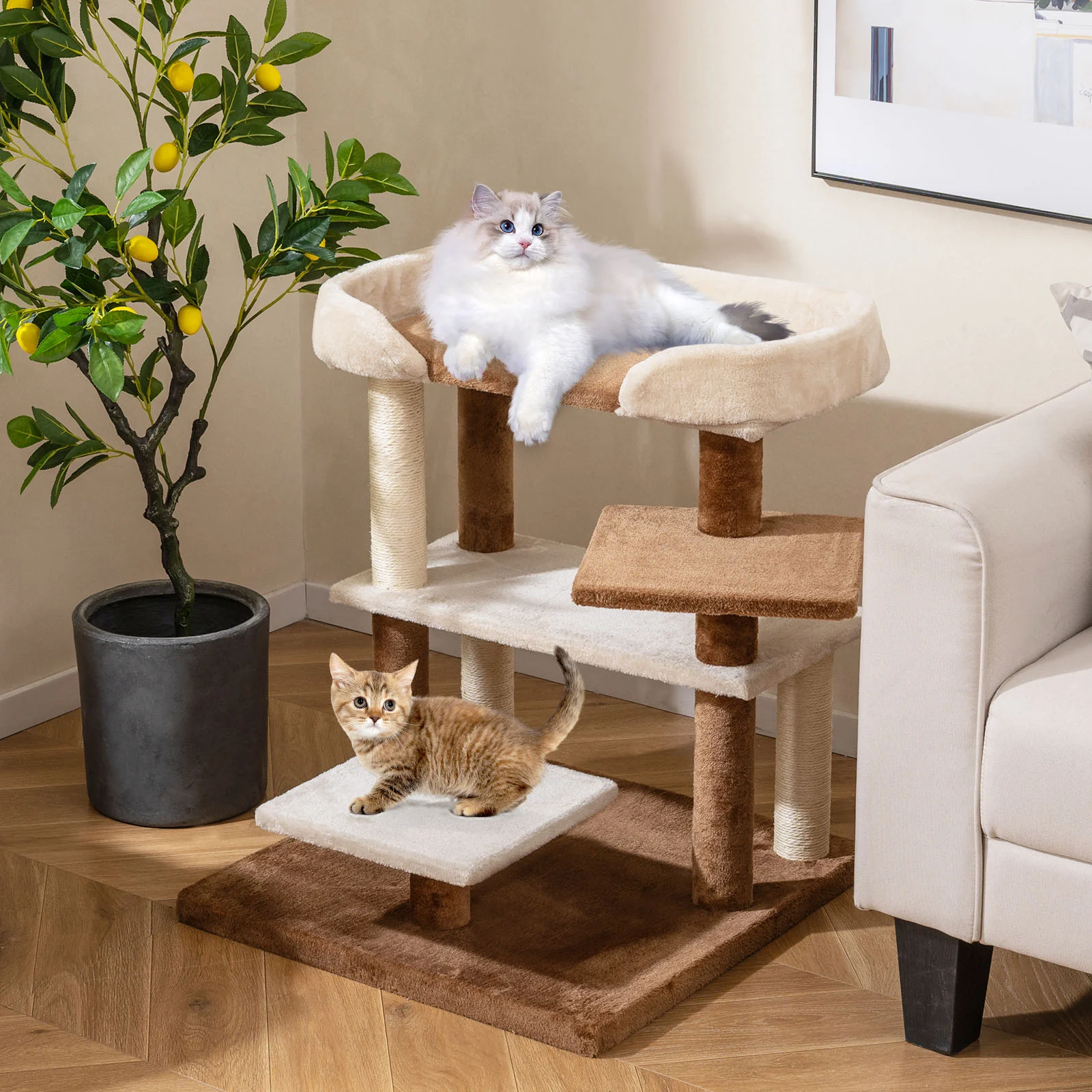 2-in-1 Cat Tree Tower Pet Steps with Sisal Scratching Posts and 4 Large Platforms, Brown - Image 2