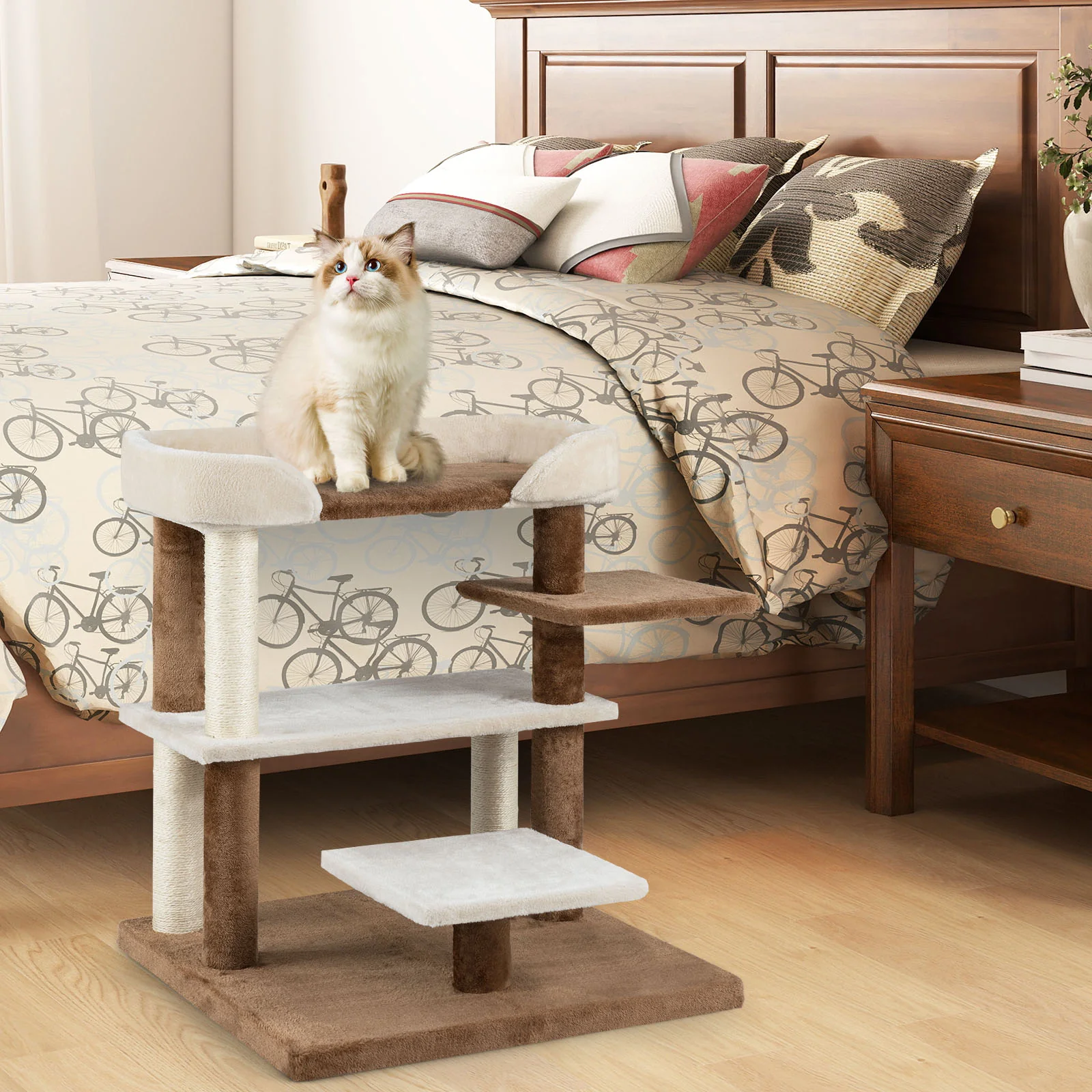 2-in-1 Cat Tree Tower Pet Steps with Sisal Scratching Posts and 4 Large Platforms, Brown - Image 3