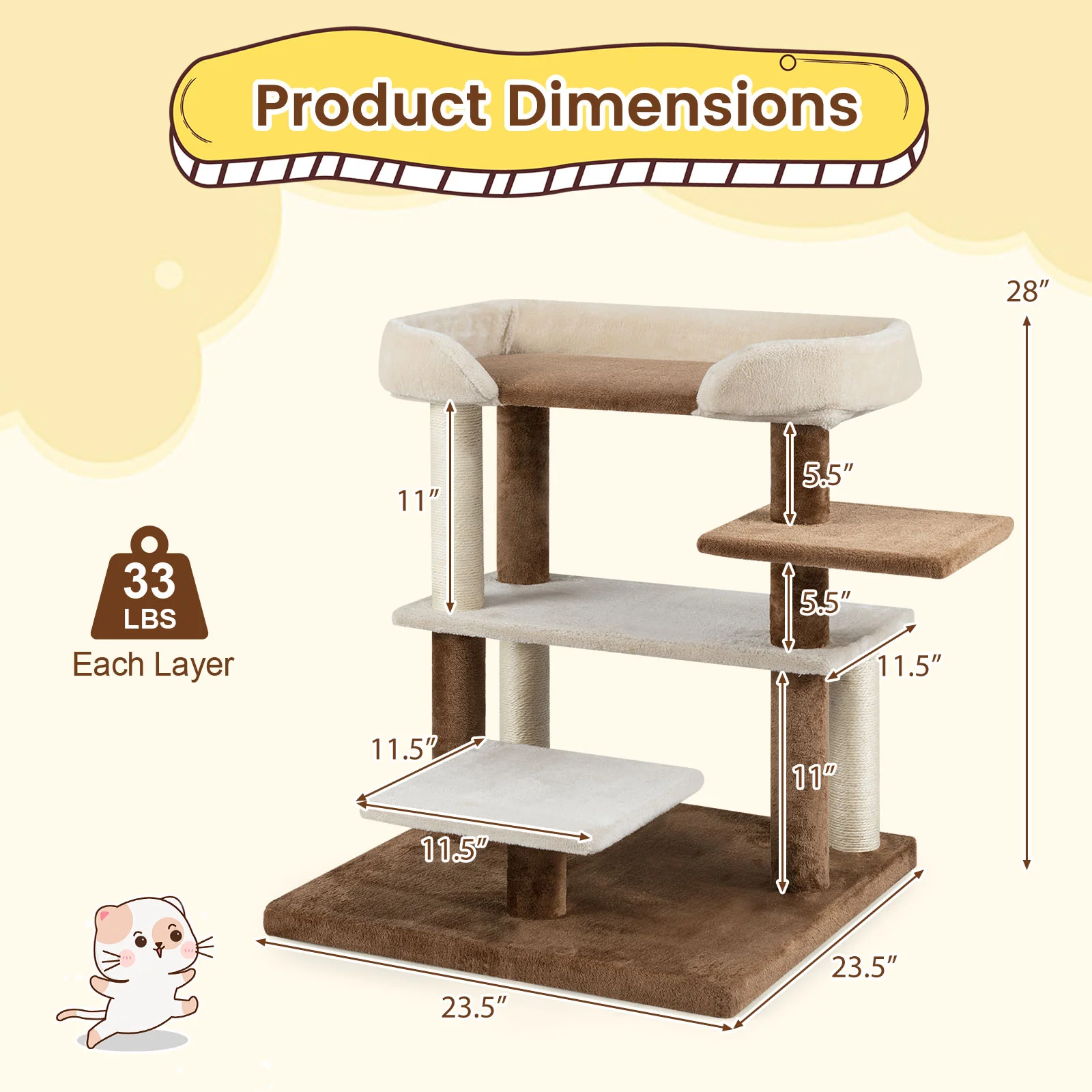 2-in-1 Cat Tree Tower Pet Steps with Sisal Scratching Posts and 4 Large Platforms, Brown - Image 6
