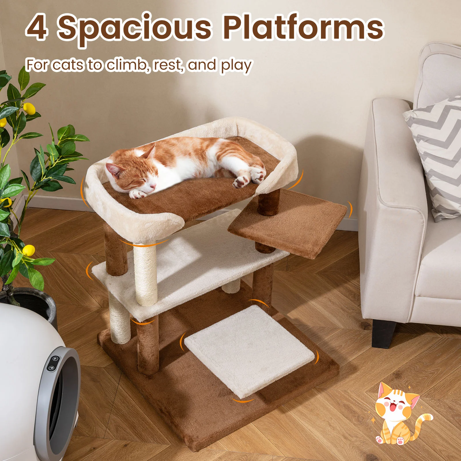 2-in-1 Cat Tree Tower Pet Steps with Sisal Scratching Posts and 4 Large Platforms, Brown - Image 7