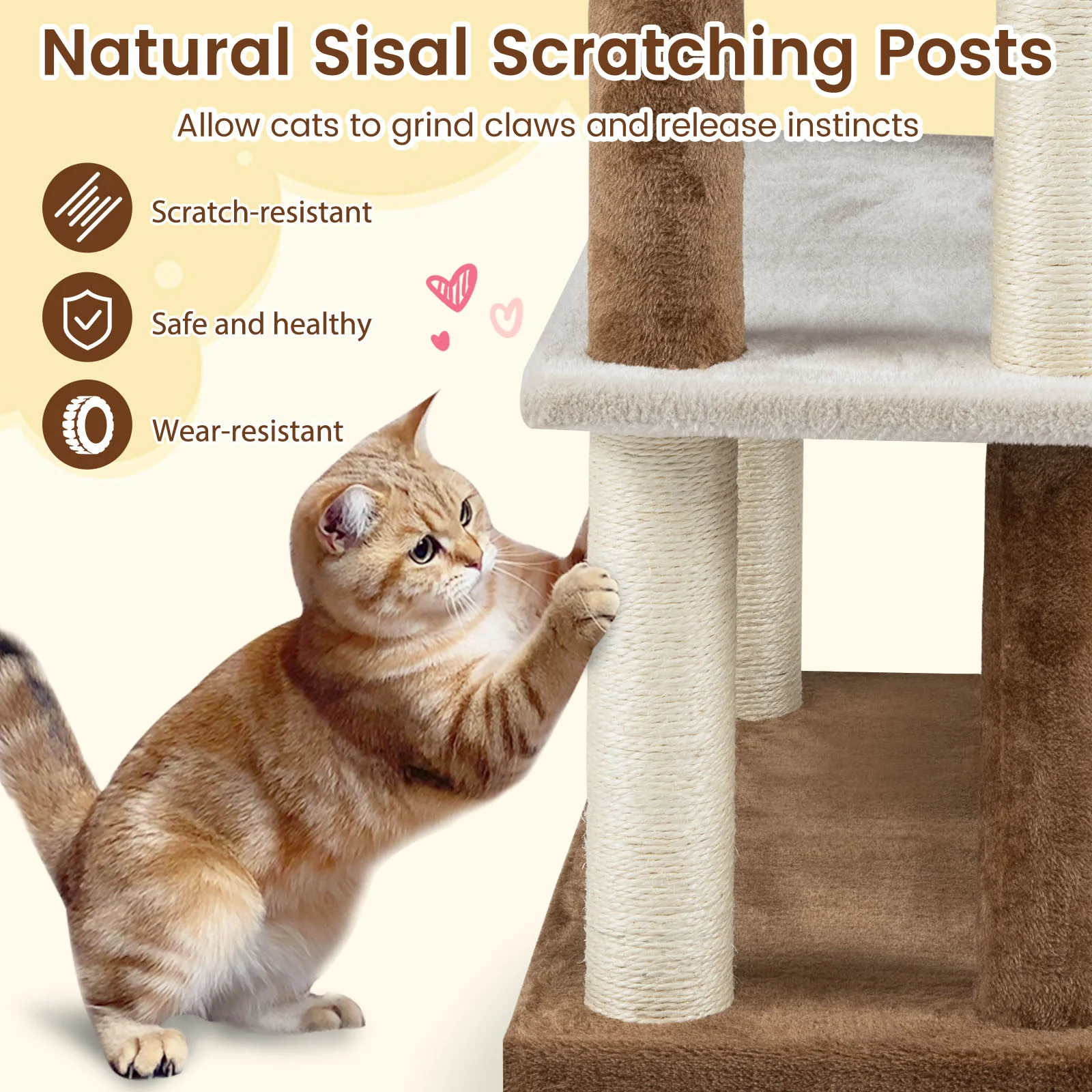 2-in-1 Cat Tree Tower Pet Steps with Sisal Scratching Posts and 4 Large Platforms, Brown - Image 8