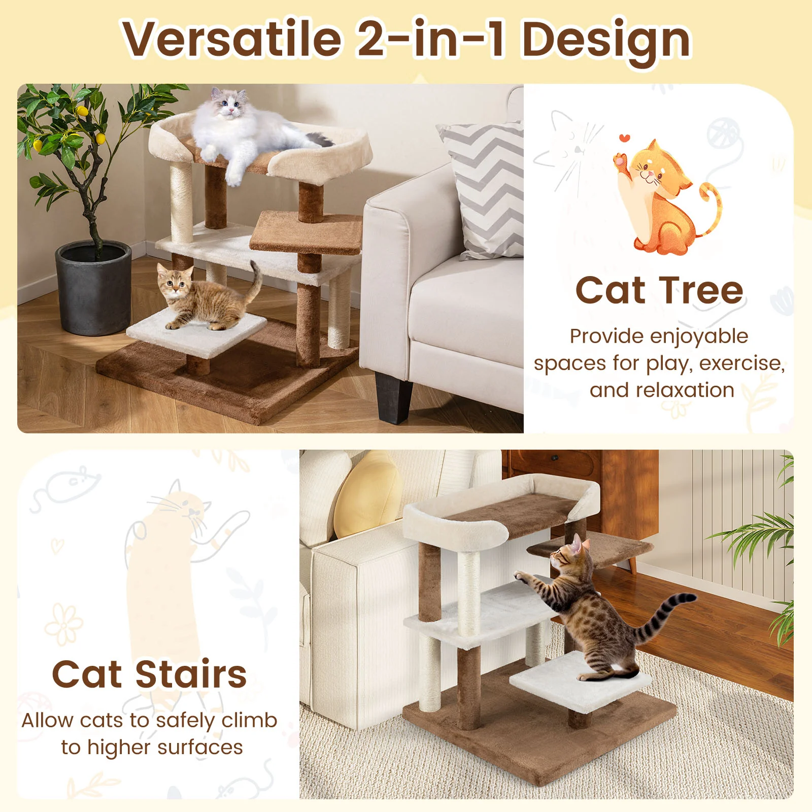 2-in-1 Cat Tree Tower Pet Steps with Sisal Scratching Posts and 4 Large Platforms, Brown - Image 9