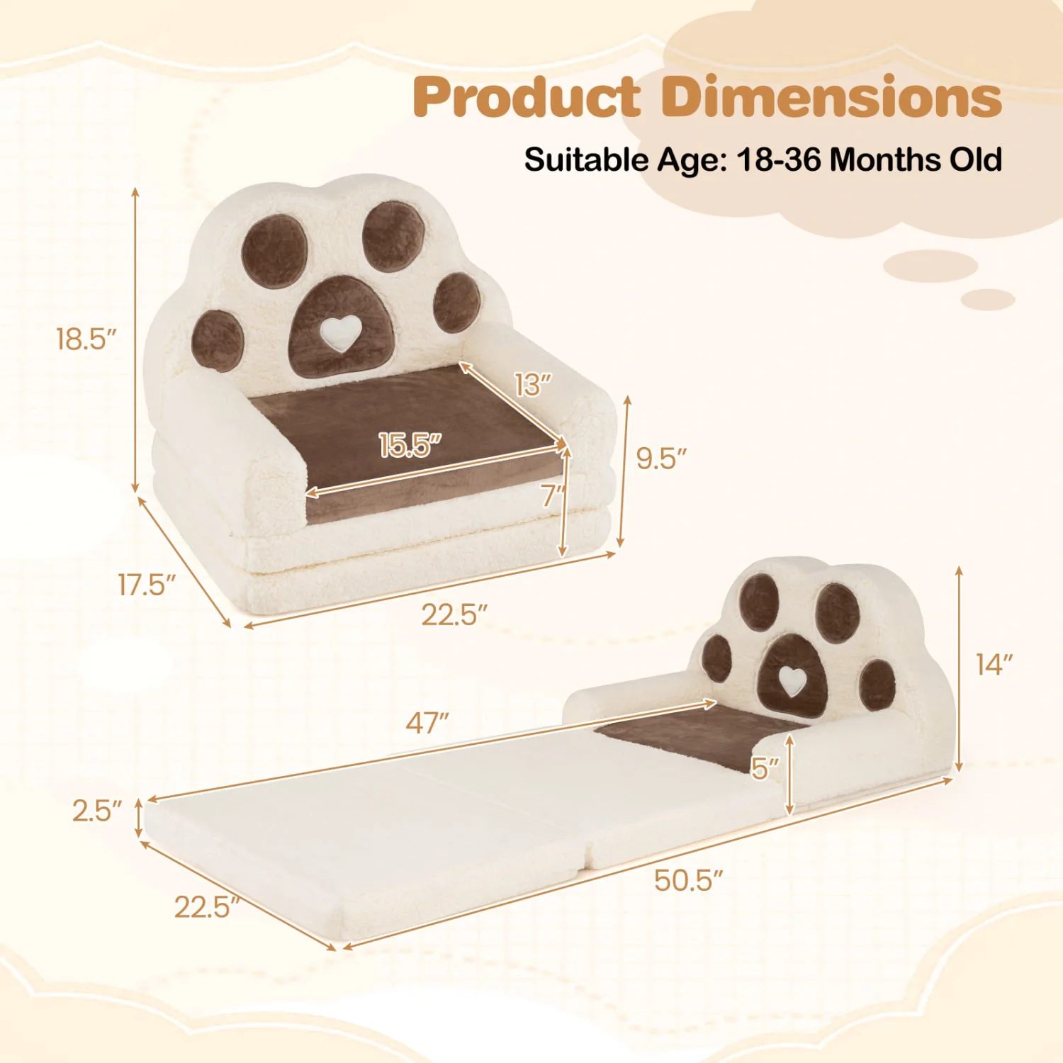 2-in-1 Convertible Kids Sofa to Lounger with Removable Cover, Brown - Image 5