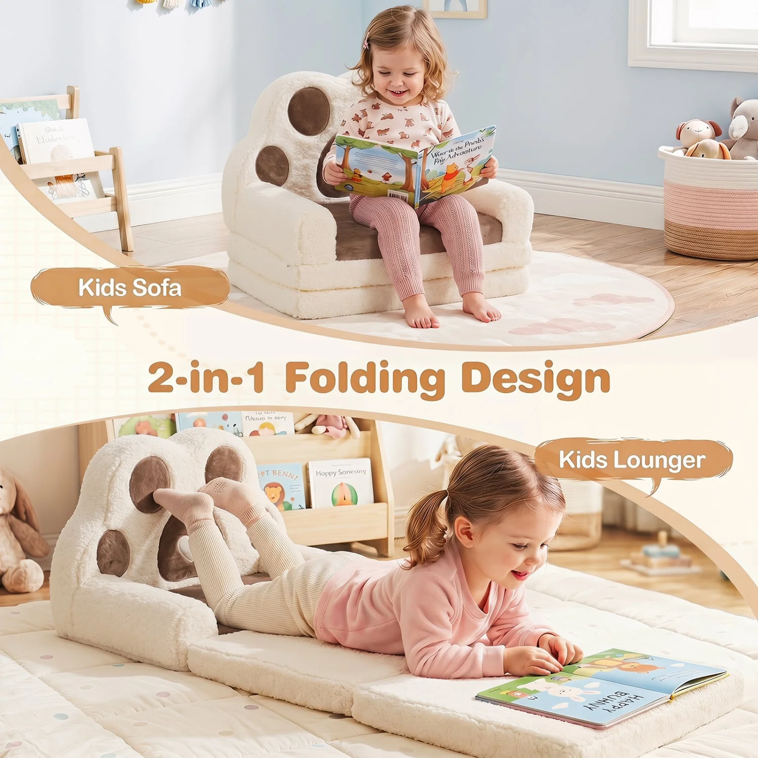 2-in-1 Convertible Kids Sofa to Lounger with Removable Cover, Brown - Image 8