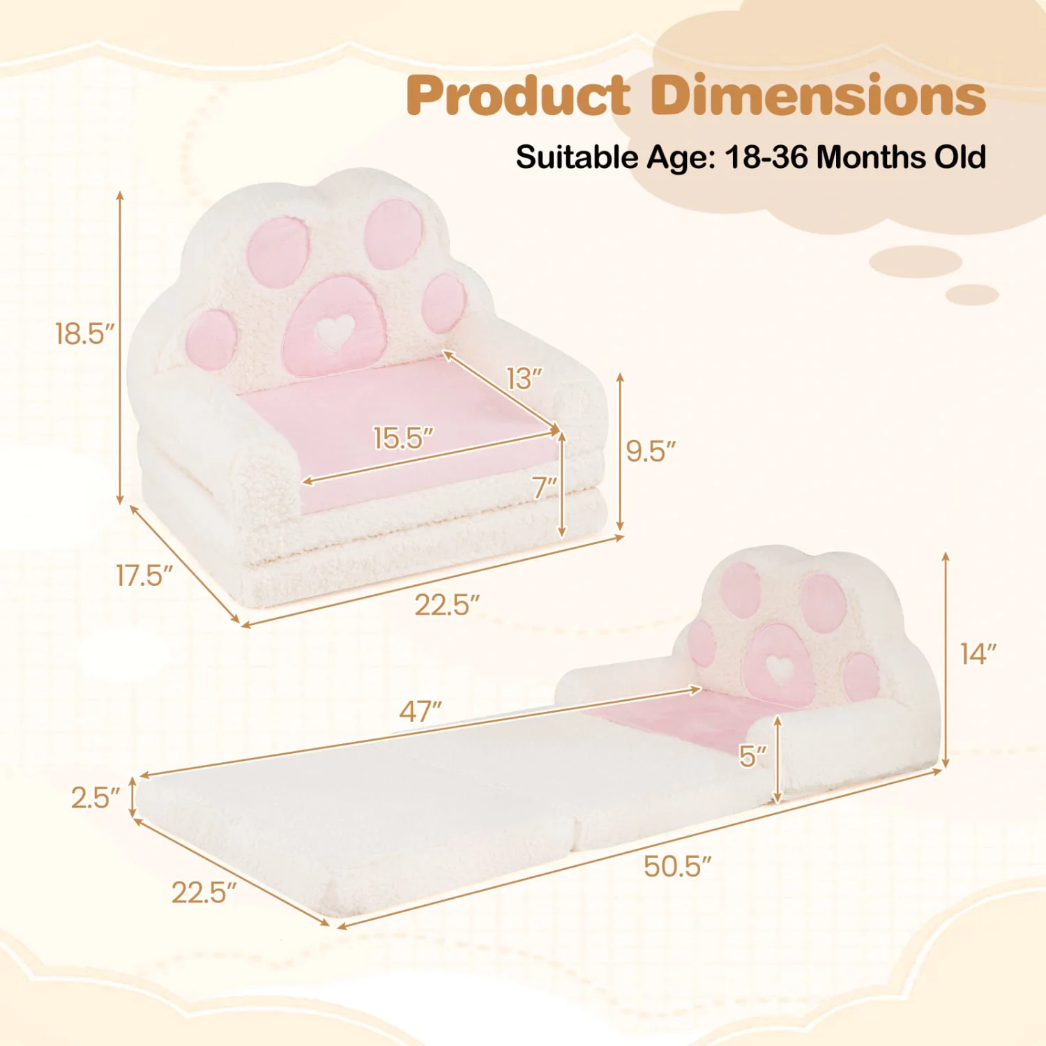 2-in-1 Convertible Kids Sofa to Lounger with Removable Cover, Pink - Image 5