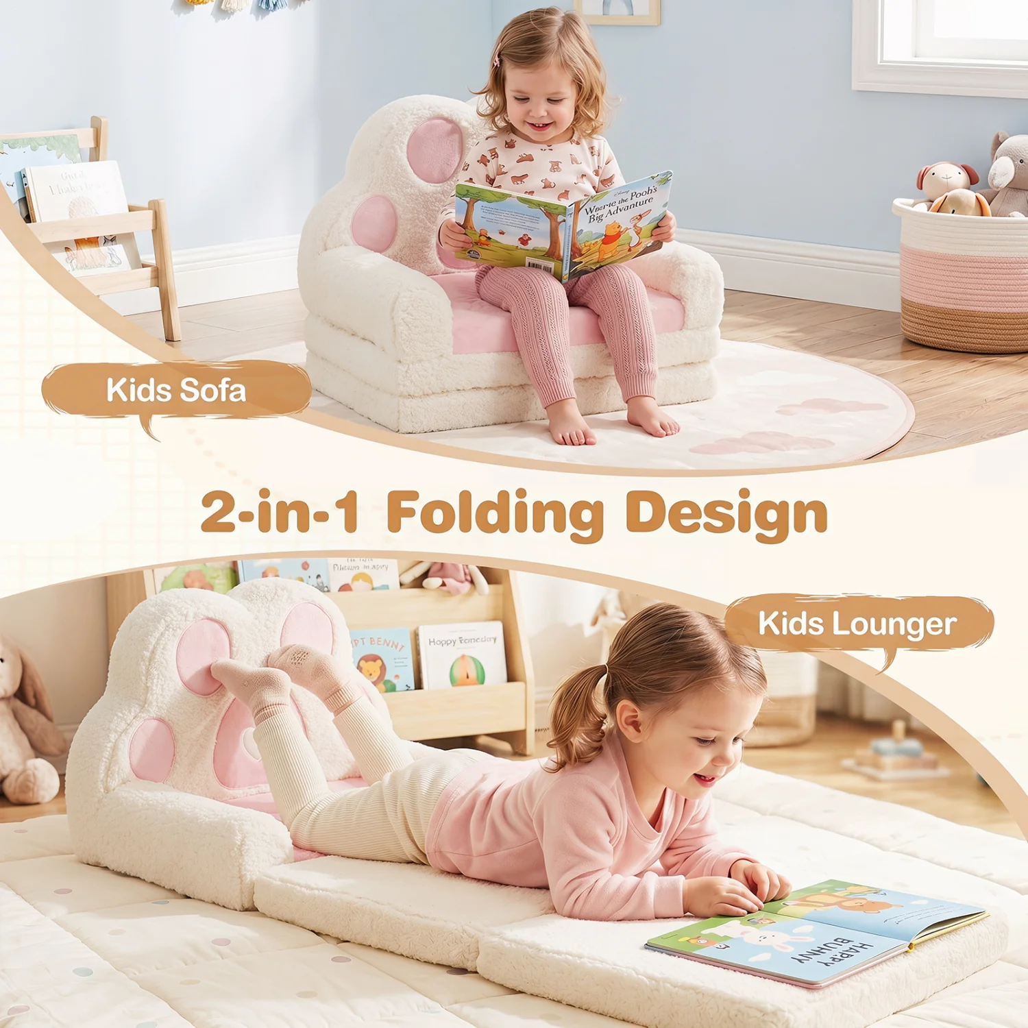 2-in-1 Convertible Kids Sofa to Lounger with Removable Cover, Pink - Image 8
