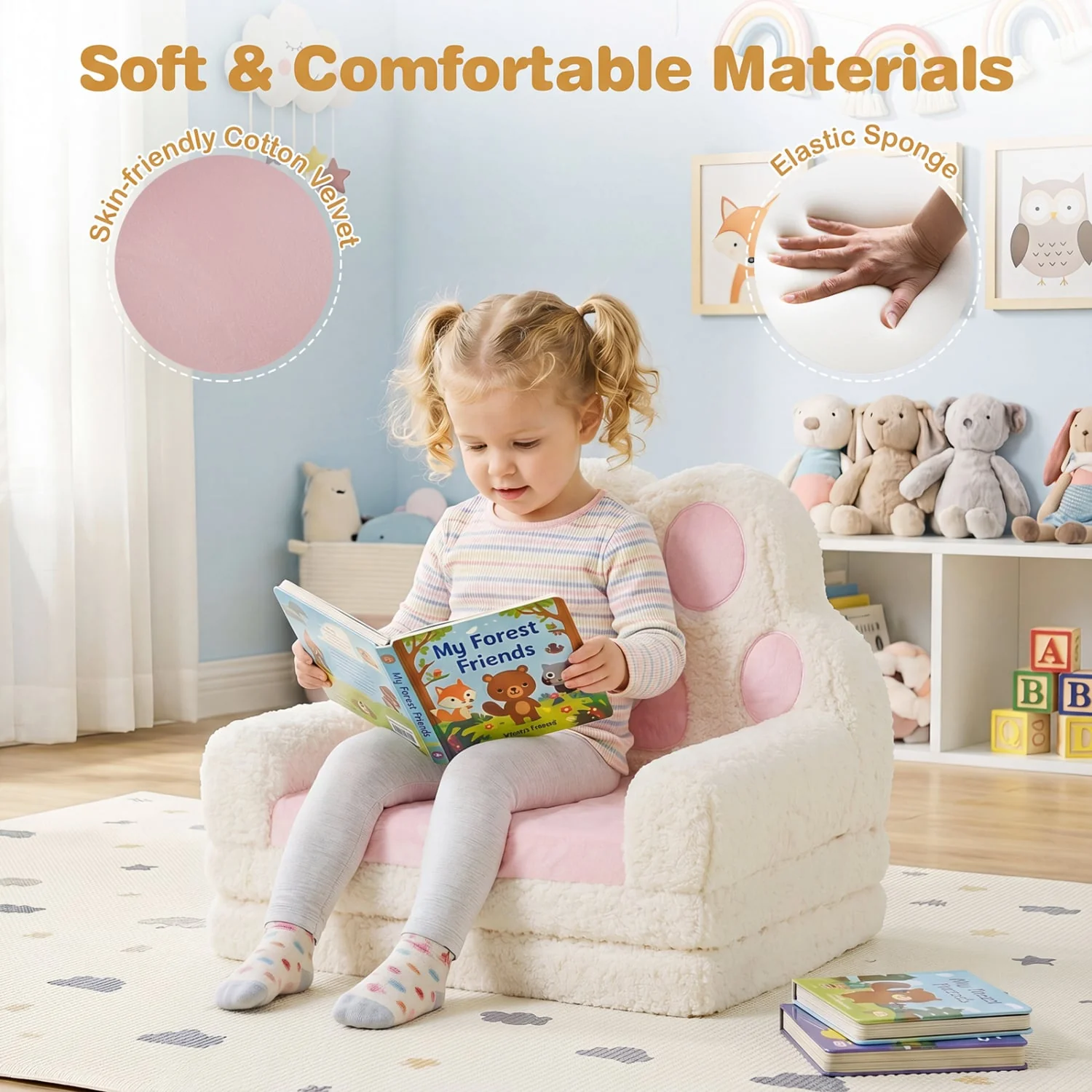 2-in-1 Convertible Kids Sofa to Lounger with Removable Cover, Pink - Image 9