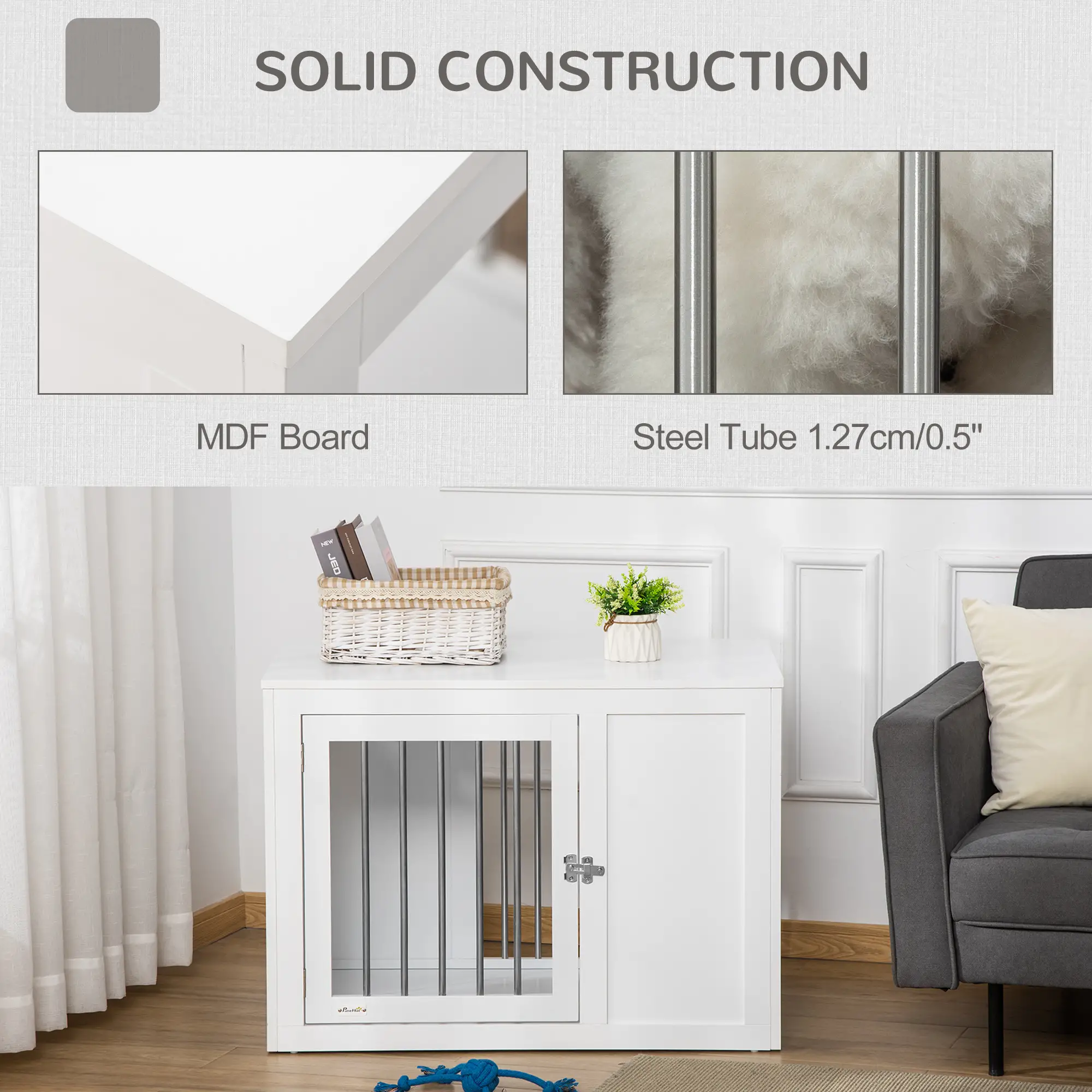 2-in-1 Dog Cage and Side Table, Two Lockable Doors, Medium Size, White - Image 6