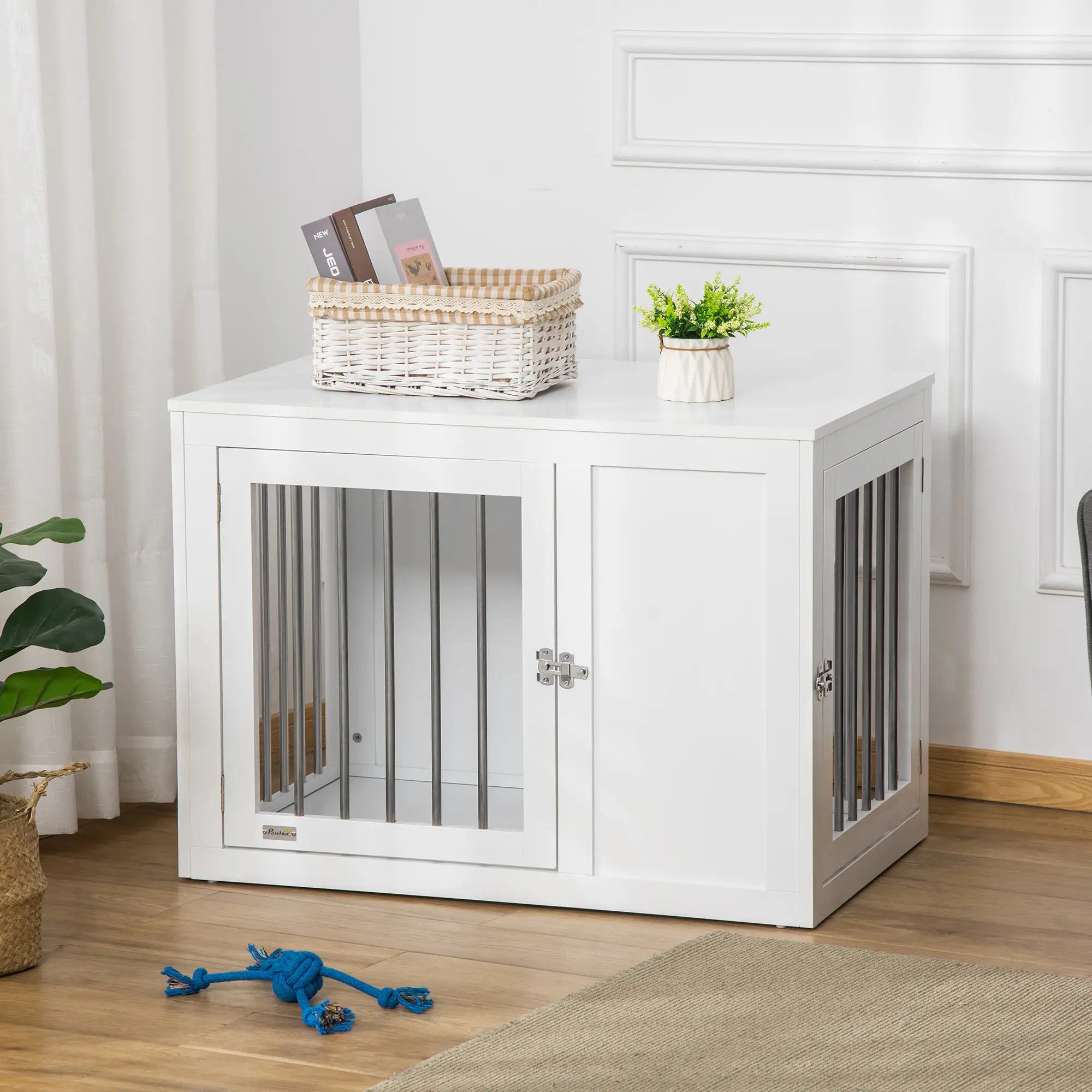 2-in-1 Dog Cage and Side Table, Two Lockable Doors, Medium Size, White - Image 8