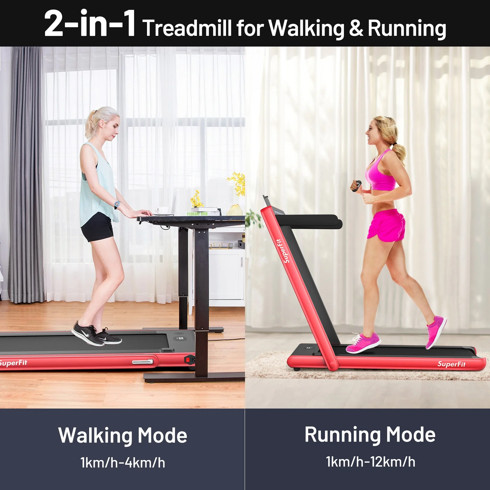 2-in-1 Electric Folding Treadmill, Dual Display, Speaker, Red - Image 10
