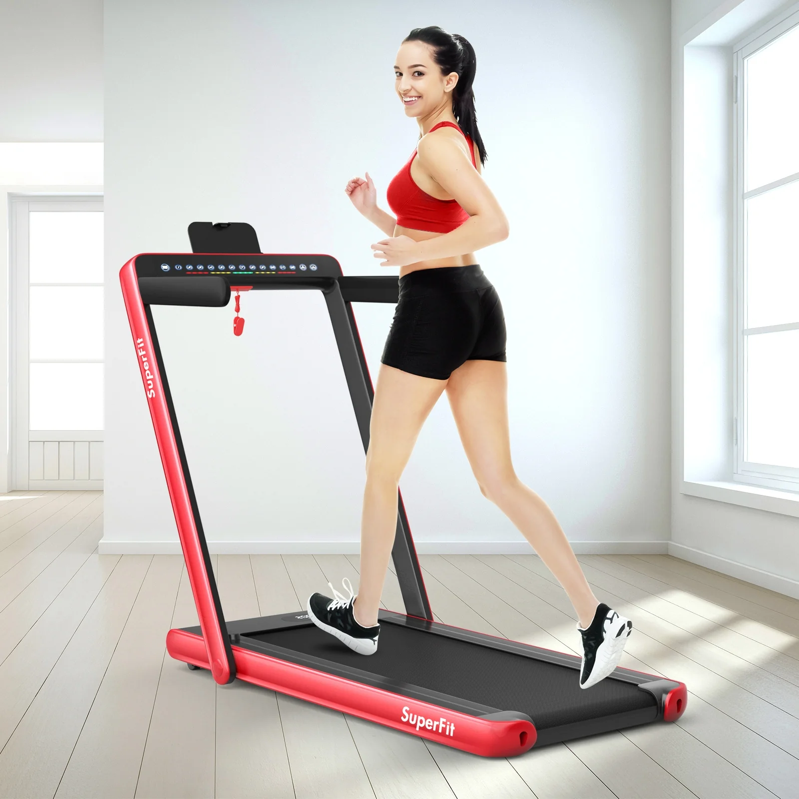 2-in-1 Electric Folding Treadmill, Dual Display, Speaker, Red - Image 3