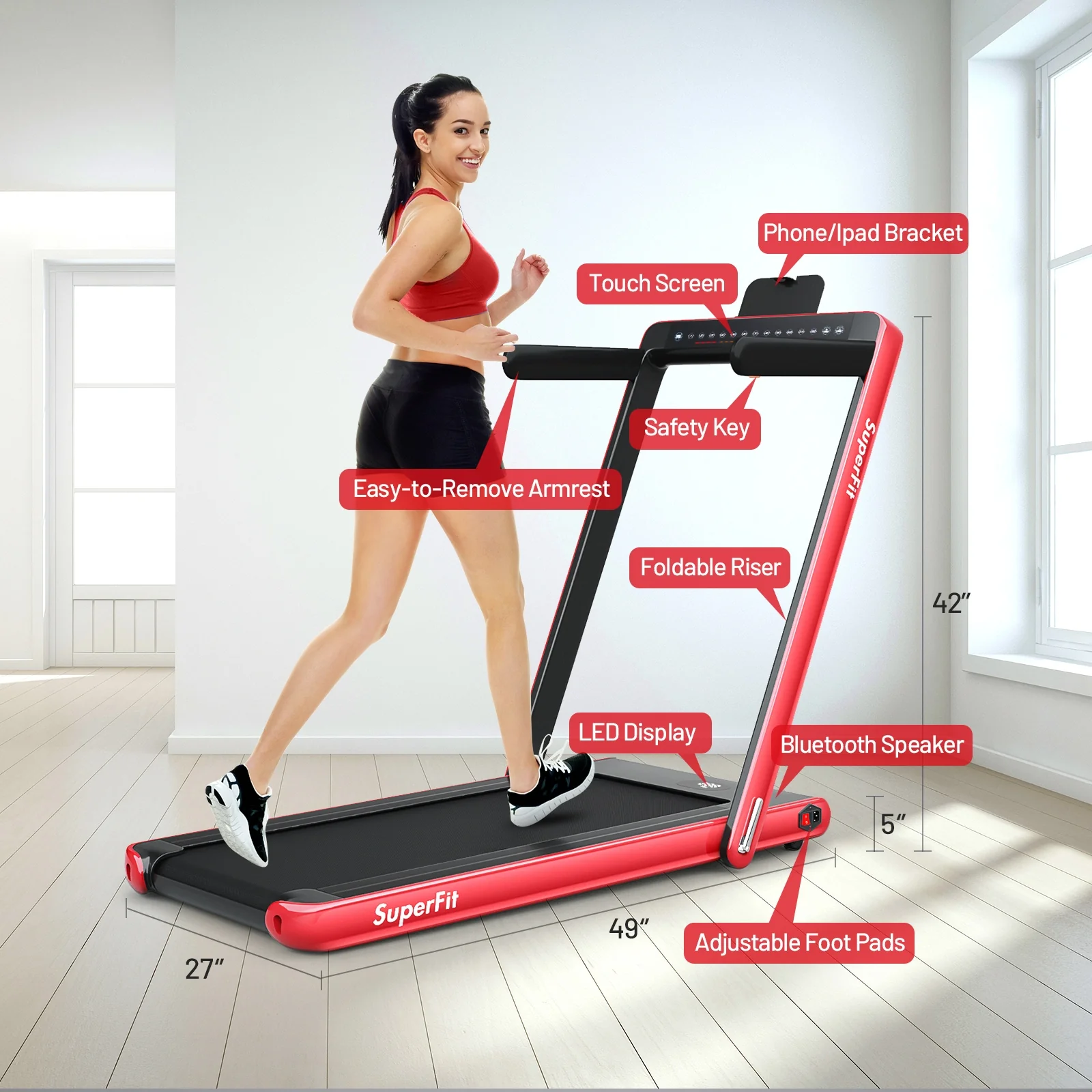 2-in-1 Electric Folding Treadmill, Dual Display, Speaker, Red - Image 6